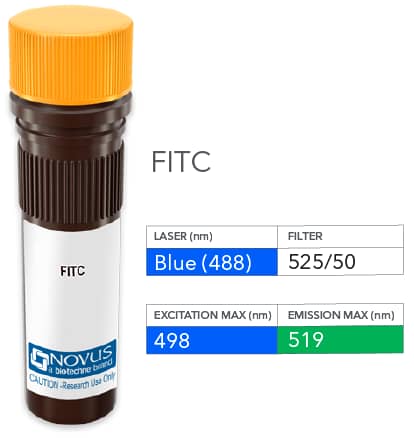 CD117/c-kit Antibody (YB5.B8) [FITC] [NBP1-43358F] - Vial of FITC conjugated antibody. FITC is optimally excited at 498 nm by the Blue laser (488 nm) and has an emission maximum of 519 nm.