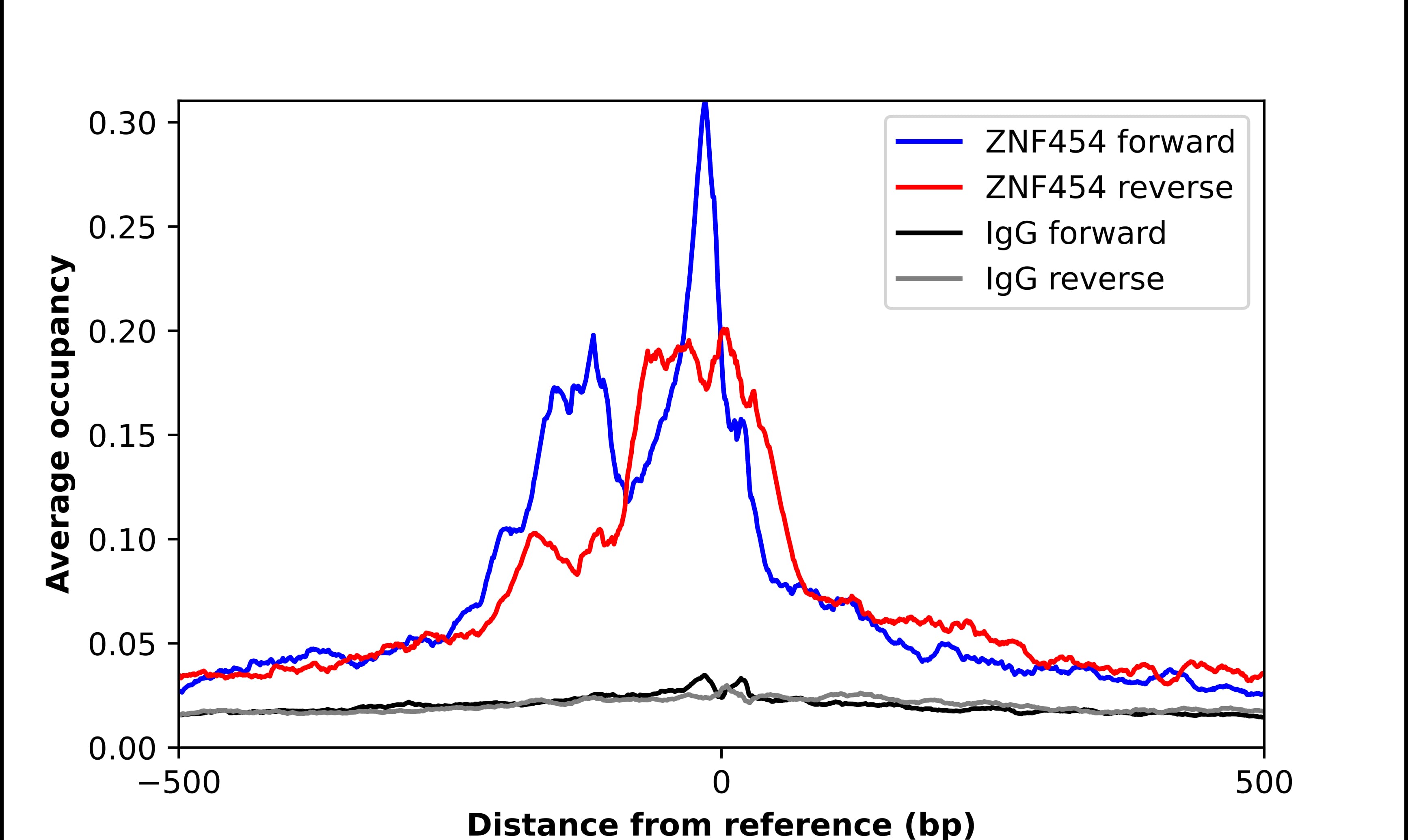 ChIP-Exo-Seq composite graph for Anti-ZNF454 tested in K562 cells. Strand-specific reads (blue: forward, red: reverse) and IgG controls (black: forward, grey: reverse) are plotted against the distance from a composite set of reference binding sites. The antibody exhibits robust target enrichment compared to a non-specific IgG control and precisely reveals its structural organization around the binding site. Data generated by Prof. B. F. Pugh's Lab at Cornell University.