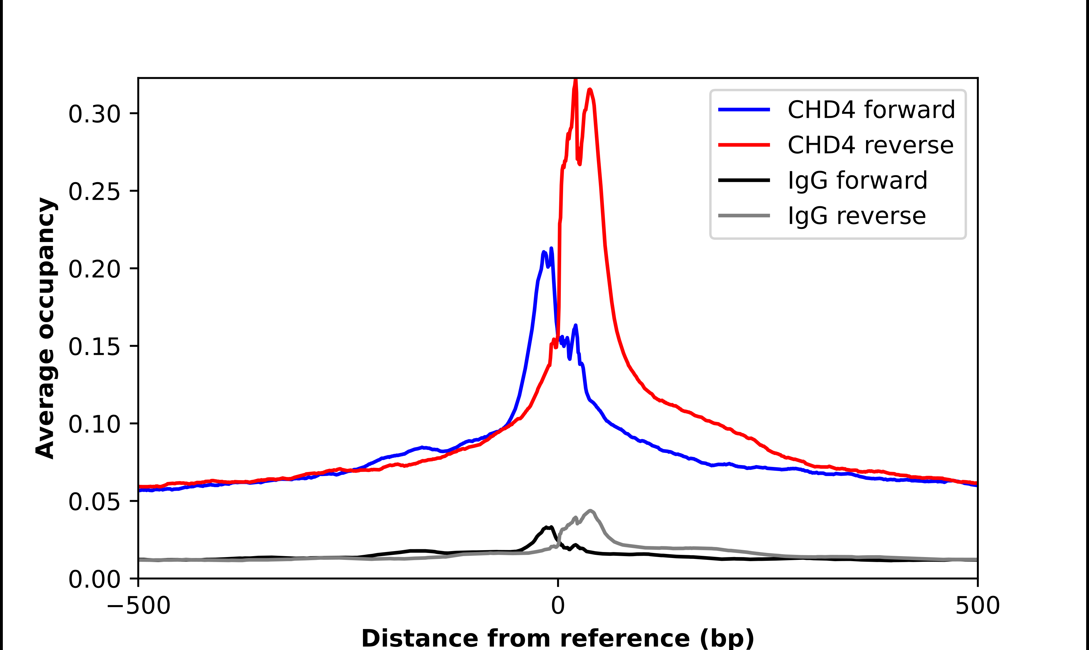 ChIP-Exo-Seq composite graph for Anti-CHD4 (NBP1-82651) tested in K562 cells. Strand-specific reads (blue: forward, red: reverse) and IgG controls (black: forward, grey: reverse) are plotted against the distance from a composite set of reference binding sites. The antibody exhibits robust target enrichment compared to a non-specific IgG control and precisely reveals its structural organization around the binding site. Data generated by Prof. B. F. Pugh´s Lab at Cornell University.