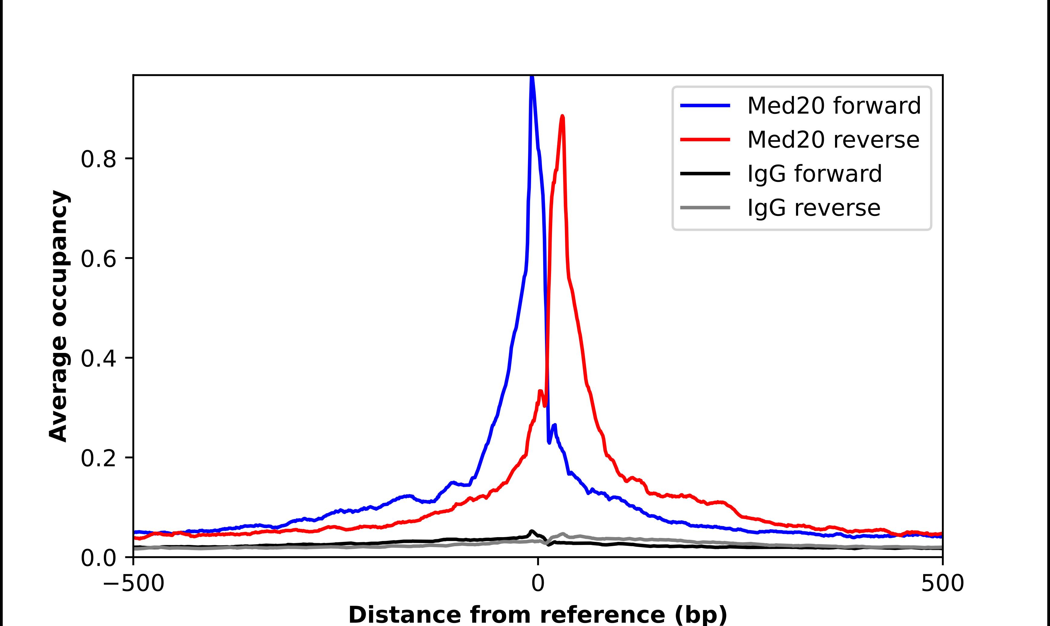 ChIP-Exo-Seq composite graph for Anti-MED20 tested in K562 cells. Strand-specific reads (blue: forward, red: reverse) and IgG controls (black: forward, grey: reverse) are plotted against the distance from a composite set of reference binding sites. The antibody exhibits robust target enrichment compared to a non-specific IgG control and precisely reveals its structural organization around the binding site. Data generated by Prof. B. F. Pugh's Lab at Cornell University.
