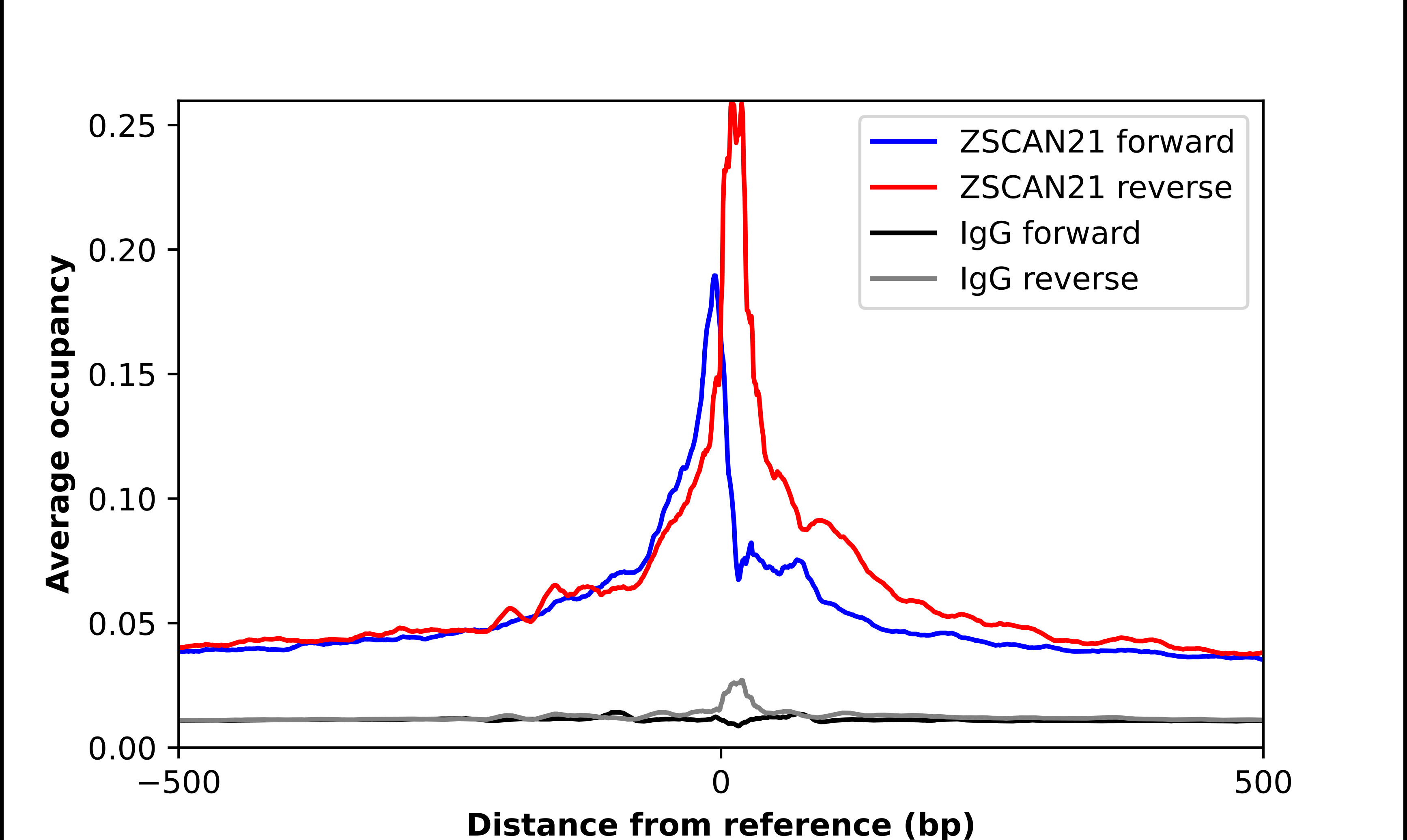 ChIP-Exo-Seq composite graph for Anti-ZSCAN21 (NBP1-84182) tested in K562 cells. Strand-specific reads (blue: forward, red: reverse) and IgG controls (black: forward, grey: reverse) are plotted against the distance from a composite set of reference binding sites. The antibody exhibits robust target enrichment compared to a non-specific IgG control and precisely reveals its structural organization around the binding site. Data generated by Prof. B. F. Pugh´s Lab at Cornell University.