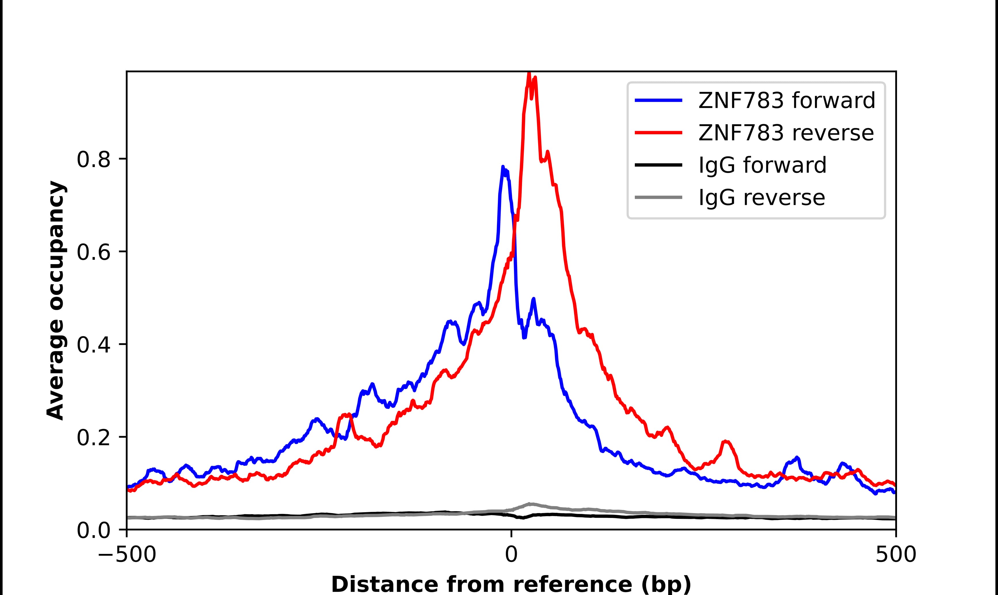 ChIP-Exo-Seq composite graph for Anti-ZNF783 (NBP1-85058) tested in K562 cells. Strand-specific reads (blue: forward, red: reverse) and IgG controls (black: forward, grey: reverse) are plotted against the distance from a composite set of reference binding sites. The antibody exhibits robust target enrichment compared to a non-specific IgG control and precisely reveals its structural organization around the binding site. Data generated by Prof. B. F. Pugh´s Lab at Cornell University.
