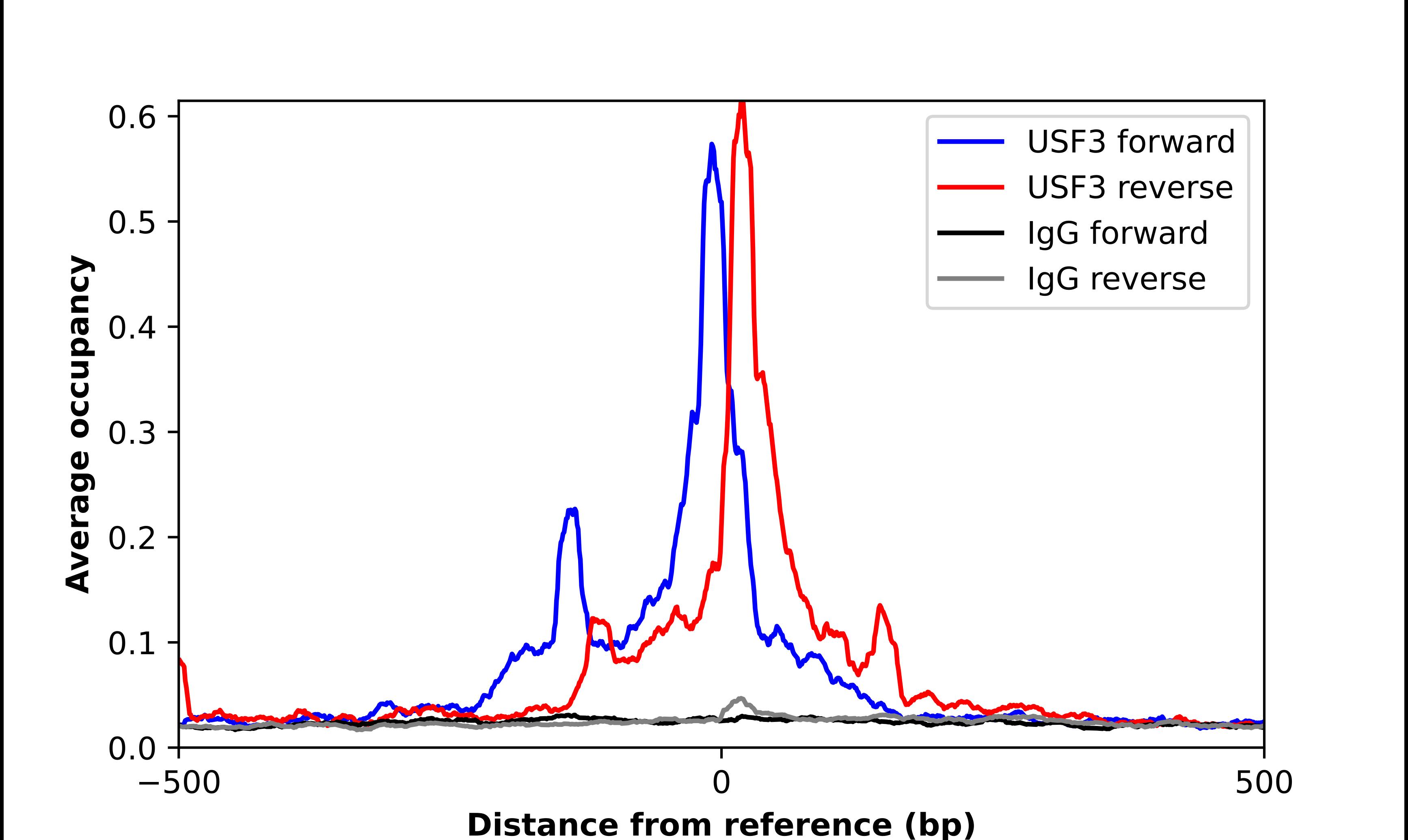 ChIP-Exo-Seq composite graph for Anti-USF3 tested in K562 cells. Strand-specific reads (blue: forward, red: reverse) and IgG controls (black: forward, grey: reverse) are plotted against the distance from a composite set of reference binding sites. The antibody exhibits robust target enrichment compared to a non-specific IgG control and precisely reveals its structural organization around the binding site. Data generated by Prof. B. F. Pugh's Lab at Cornell University.