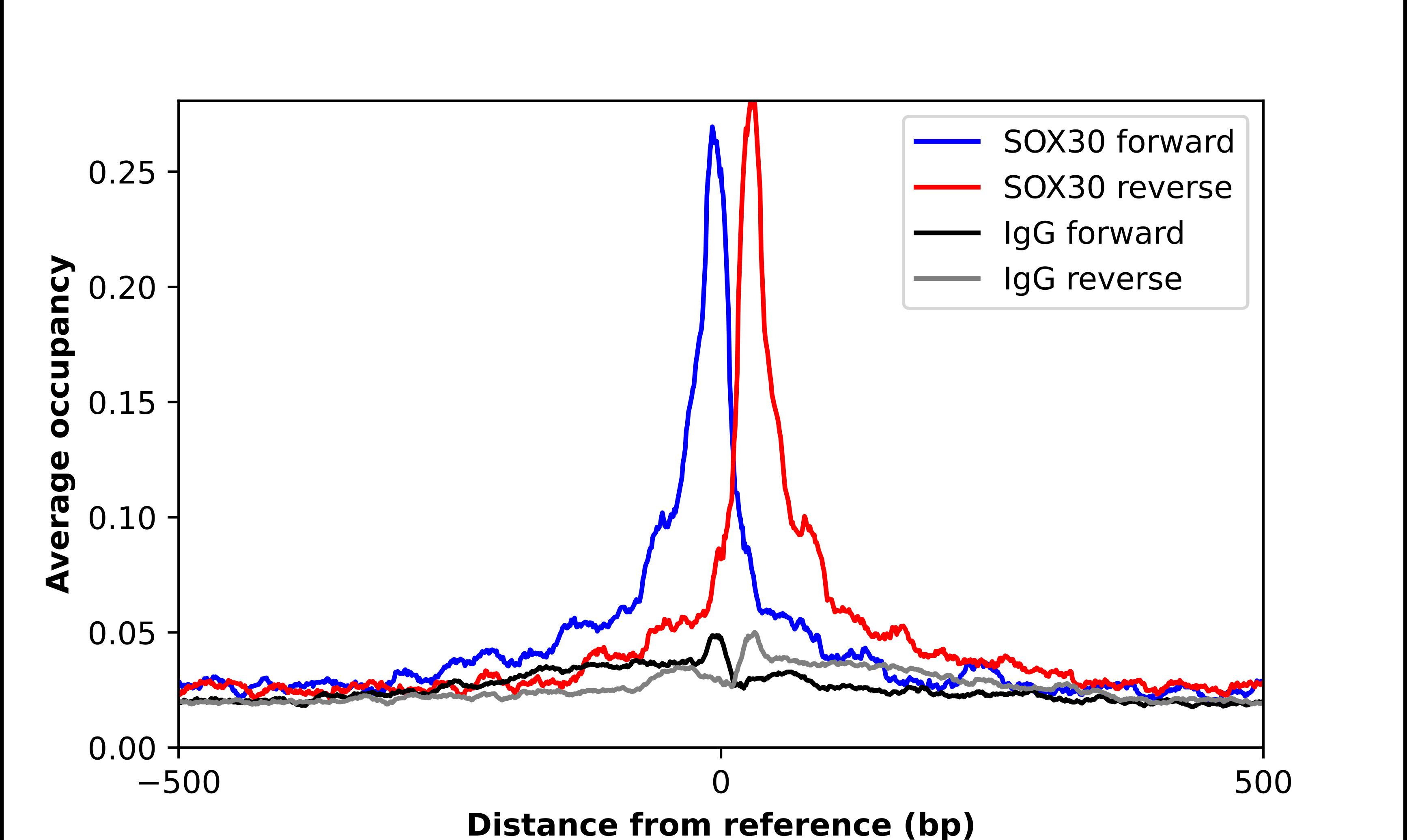 ChIP-Exo-Seq composite graph for Anti-SOX30 tested in K562 cells. Strand-specific reads (blue: forward, red: reverse) and IgG controls (black: forward, grey: reverse) are plotted against the distance from a composite set of reference binding sites. The antibody exhibits robust target enrichment compared to a non-specific IgG control and precisely reveals its structural organization around the binding site. Data generated by Prof. B. F. Pugh's Lab at Cornell University.