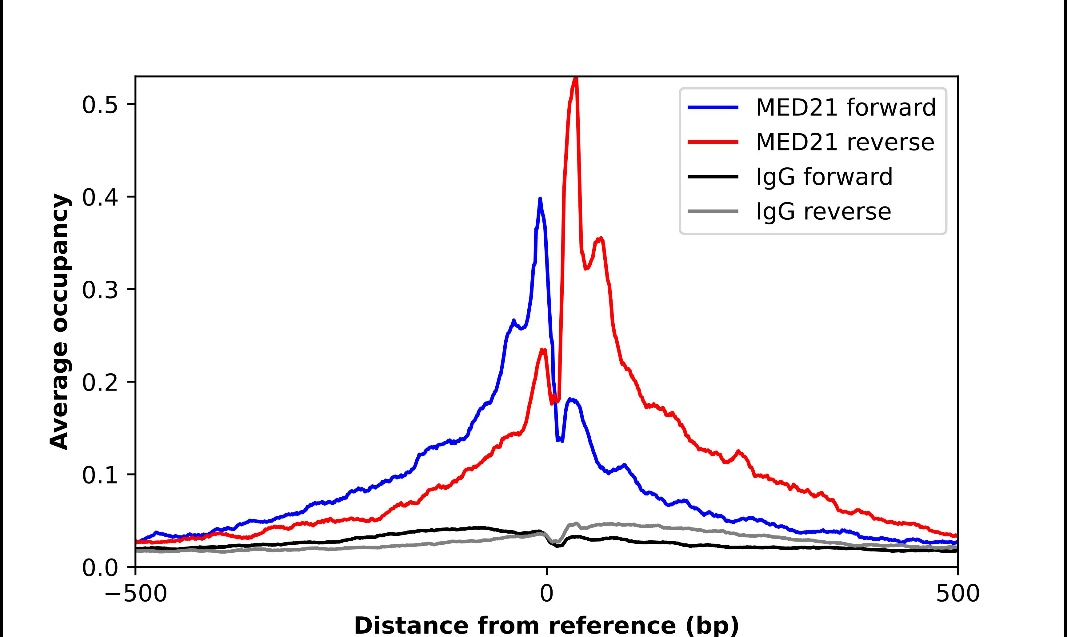 ChIP-Exo-Seq composite graph for Anti-MED21 tested in K562 cells. Strand-specific reads (blue: forward, red: reverse) and IgG controls (black: forward, grey: reverse) are plotted against the distance from a composite set of reference binding sites. The antibody exhibits robust target enrichment compared to a non-specific IgG control and precisely reveals its structural organization around the binding site. Data generated by Prof. B. F. Pugh's Lab at Cornell University.