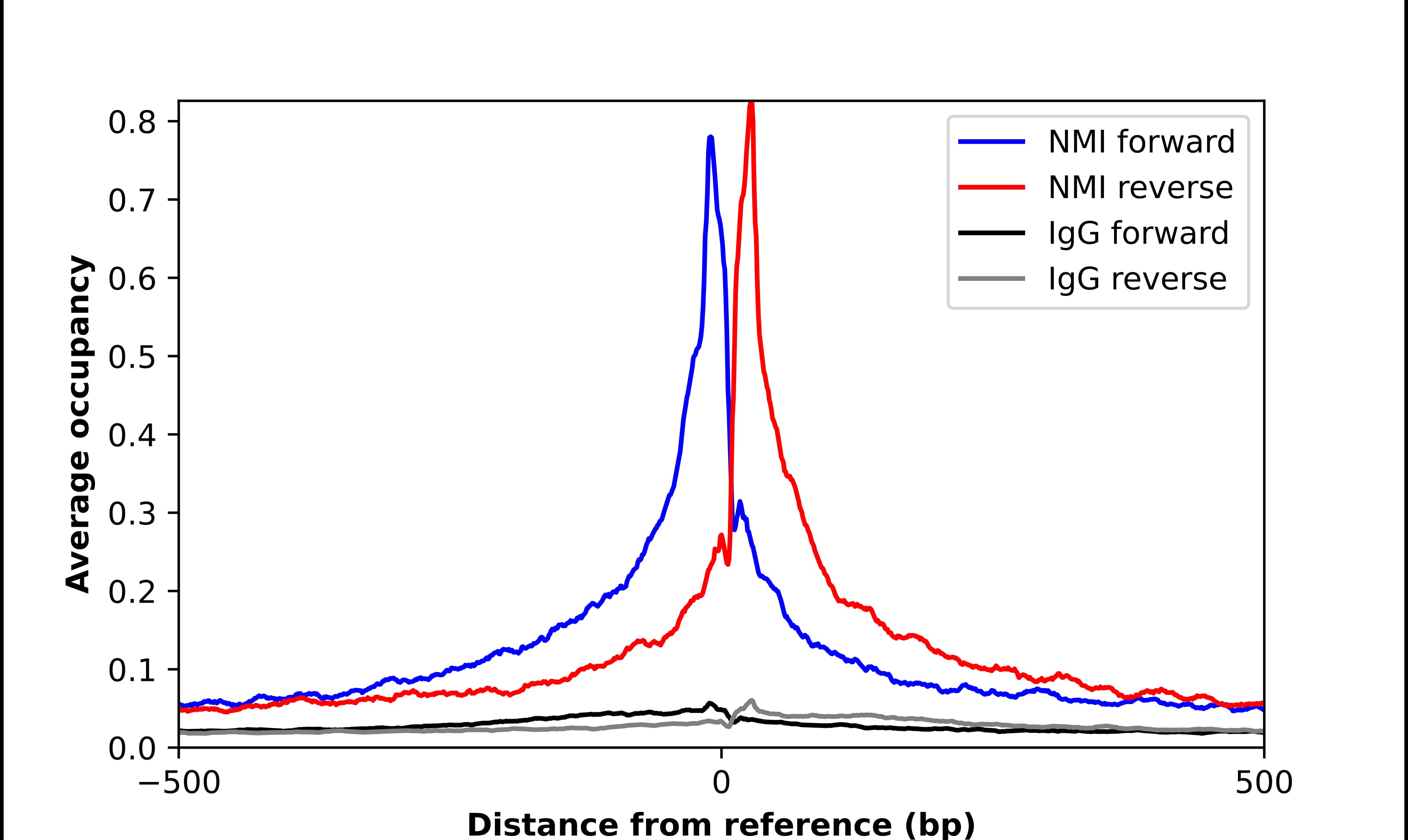 ChIP-Exo-Seq composite graph for Anti-NMI (NBP1-90374) tested in K562 cells. Strand-specific reads (blue: forward, red: reverse) and IgG controls (black: forward, grey: reverse) are plotted against the distance from a composite set of reference binding sites. The antibody exhibits robust target enrichment compared to a non-specific IgG control and precisely reveals its structural organization around the binding site. Data generated by Prof. B. F. Pugh´s Lab at Cornell University.