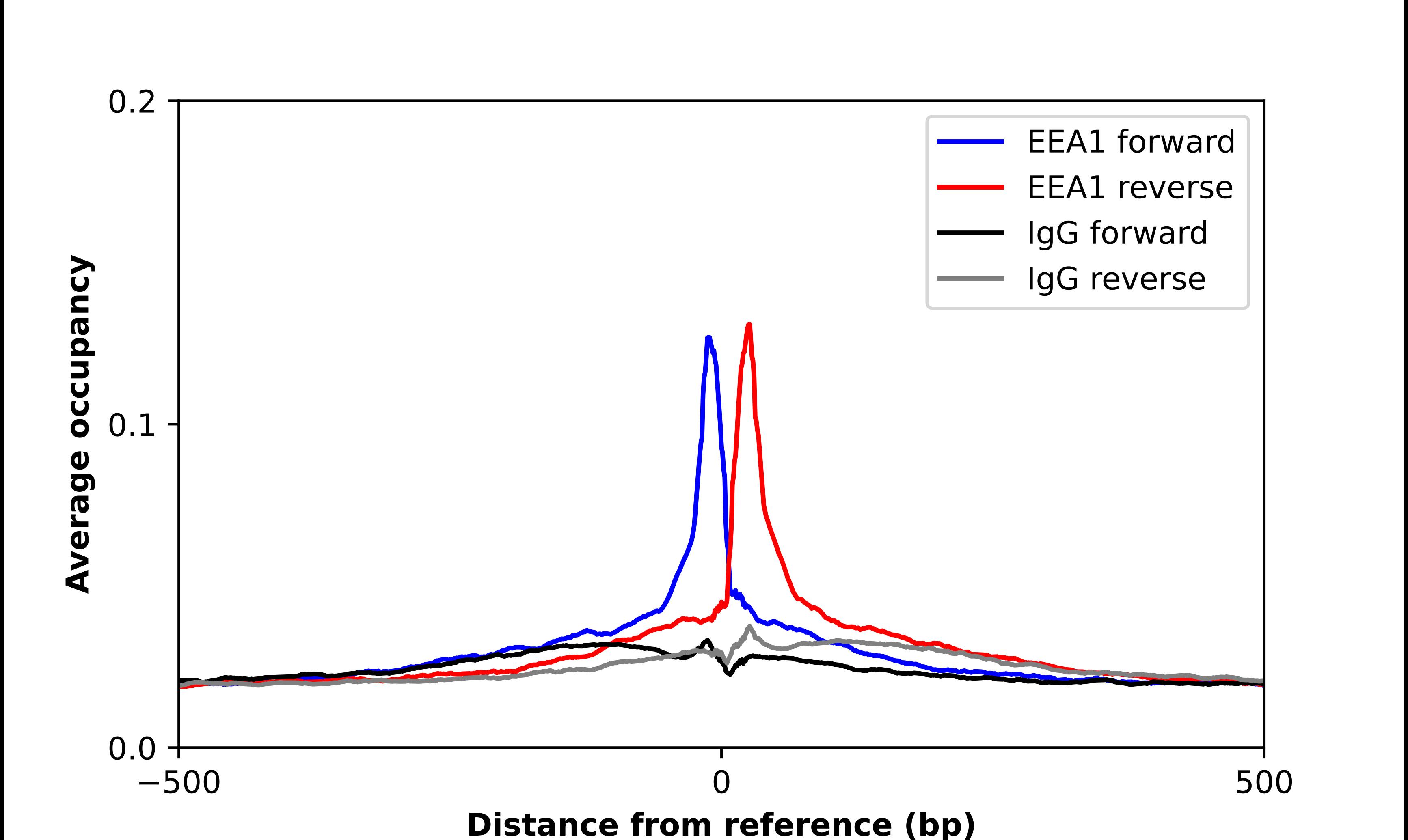 ChIP-Exo-Seq composite graph for Anti-EEA1 tested in K562 cells. Strand-specific reads (blue: forward, red: reverse) and IgG controls (black: forward, grey: reverse) are plotted against the distance from a composite set of reference binding sites. The antibody exhibits robust target enrichment compared to a non-specific IgG control and precisely reveals its structural organization around the binding site. Data generated by Prof. B. F. Pugh's Lab at Cornell University.