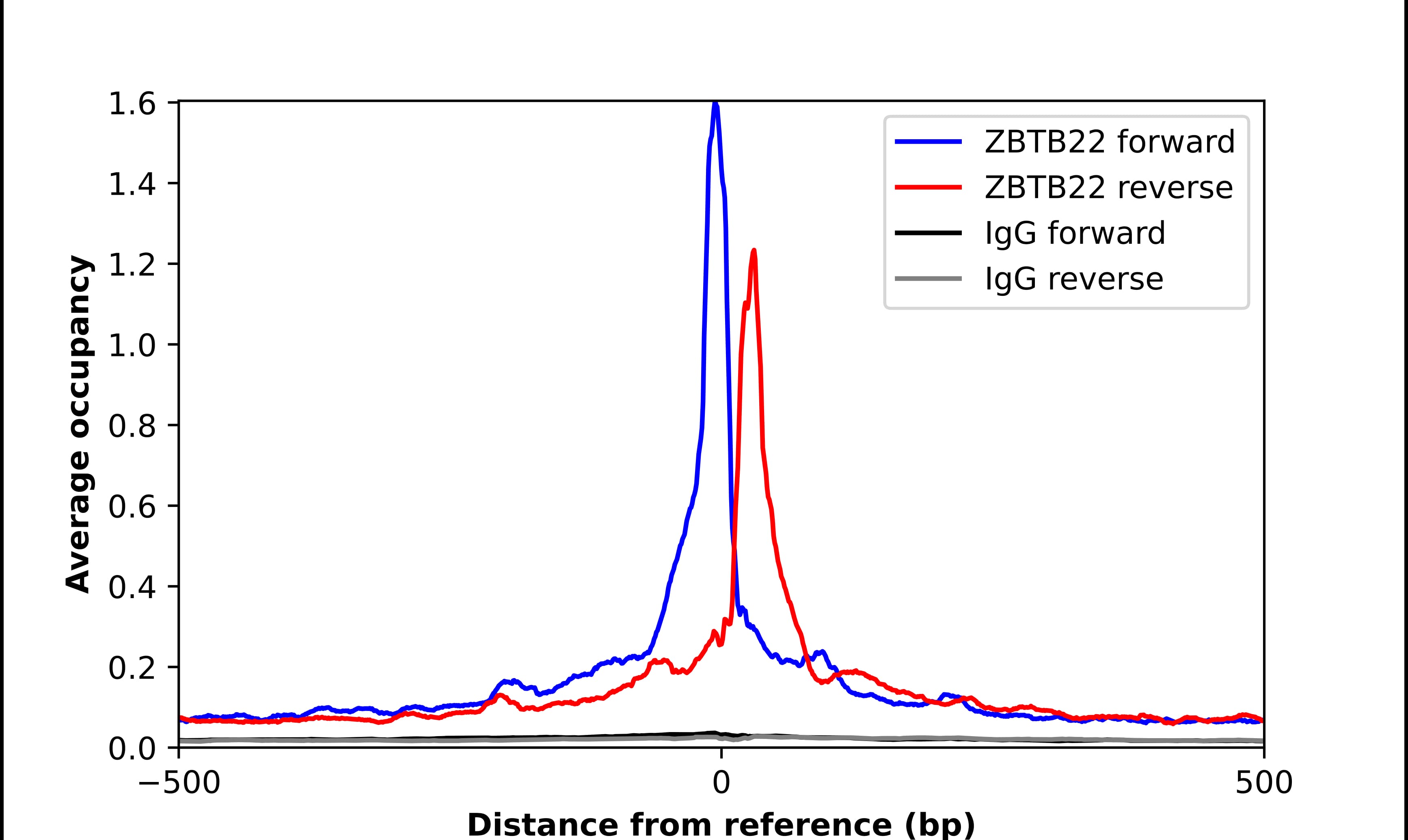 ChIP-Exo-Seq composite graph for Anti-ZBTB22 (NBP1-92603) tested in K562 cells. Strand-specific reads (blue: forward, red: reverse) and IgG controls (black: forward, grey: reverse) are plotted against the distance from a composite set of reference binding sites. The antibody exhibits robust target enrichment compared to a non-specific IgG control and precisely reveals its structural organization around the binding site. Data generated by Prof. B. F. Pugh´s Lab at Cornell University.