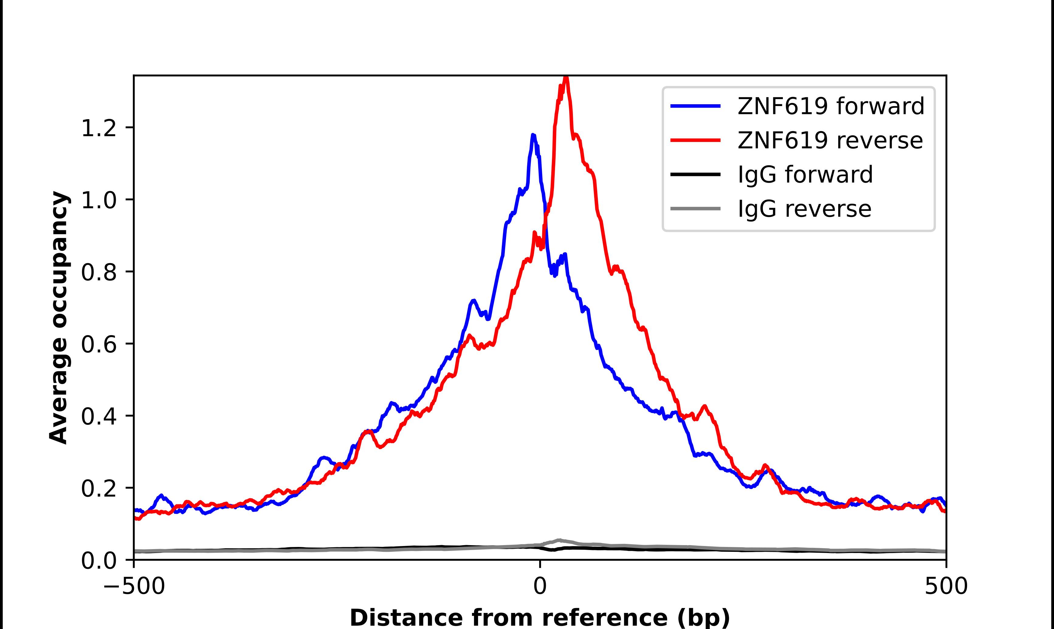 ChIP-Exo-Seq composite graph for Anti-ZNF619 (NBP1-92636) tested in K562 cells. Strand-specific reads (blue: forward, red: reverse) and IgG controls (black: forward, grey: reverse) are plotted against the distance from a composite set of reference binding sites. The antibody exhibits robust target enrichment compared to a non-specific IgG control and precisely reveals its structural organization around the binding site. Data generated by Prof. B. F. Pugh´s Lab at Cornell University.