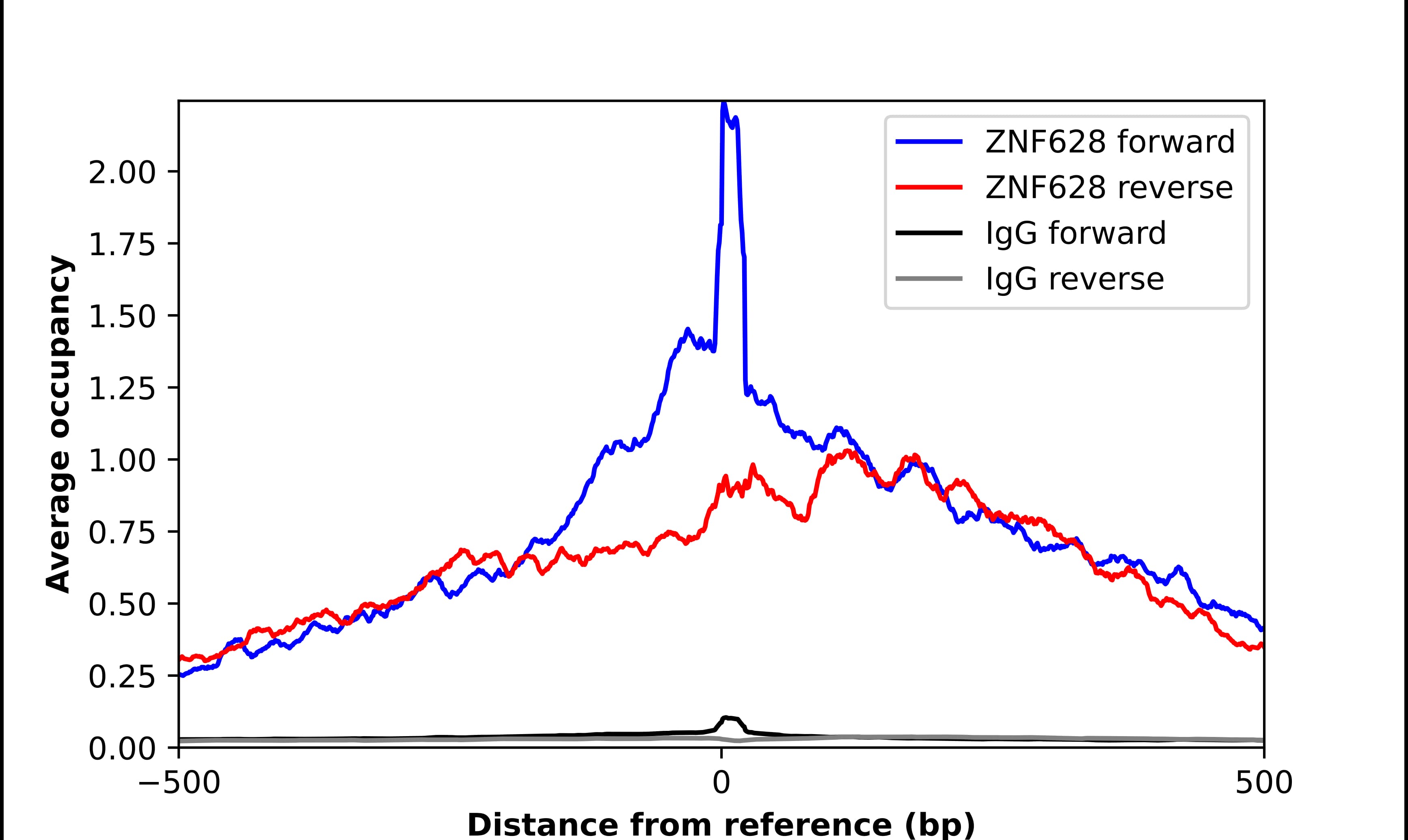 ChIP-Exo-Seq composite graph for Anti-ZNF628 (NBP1-92638) tested in K562 cells. Strand-specific reads (blue: forward, red: reverse) and IgG controls (black: forward, grey: reverse) are plotted against the distance from a composite set of reference binding sites. The antibody exhibits robust target enrichment compared to a non-specific IgG control and precisely reveals its structural organization around the binding site. Data generated by Prof. B. F. Pugh´s Lab at Cornell University.