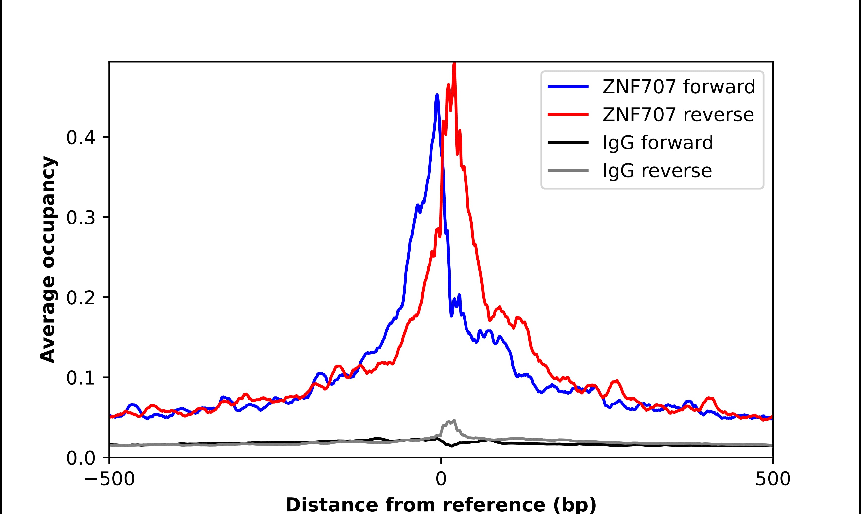 ChIP-Exo-Seq composite graph for Anti-ZNF707 (NBP1-92642) tested in K562 cells. Strand-specific reads (blue: forward, red: reverse) and IgG controls (black: forward, grey: reverse) are plotted against the distance from a composite set of reference binding sites. The antibody exhibits robust target enrichment compared to a non-specific IgG control and precisely reveals its structural organization around the binding site. Data generated by Prof. B. F. Pugh´s Lab at Cornell University.