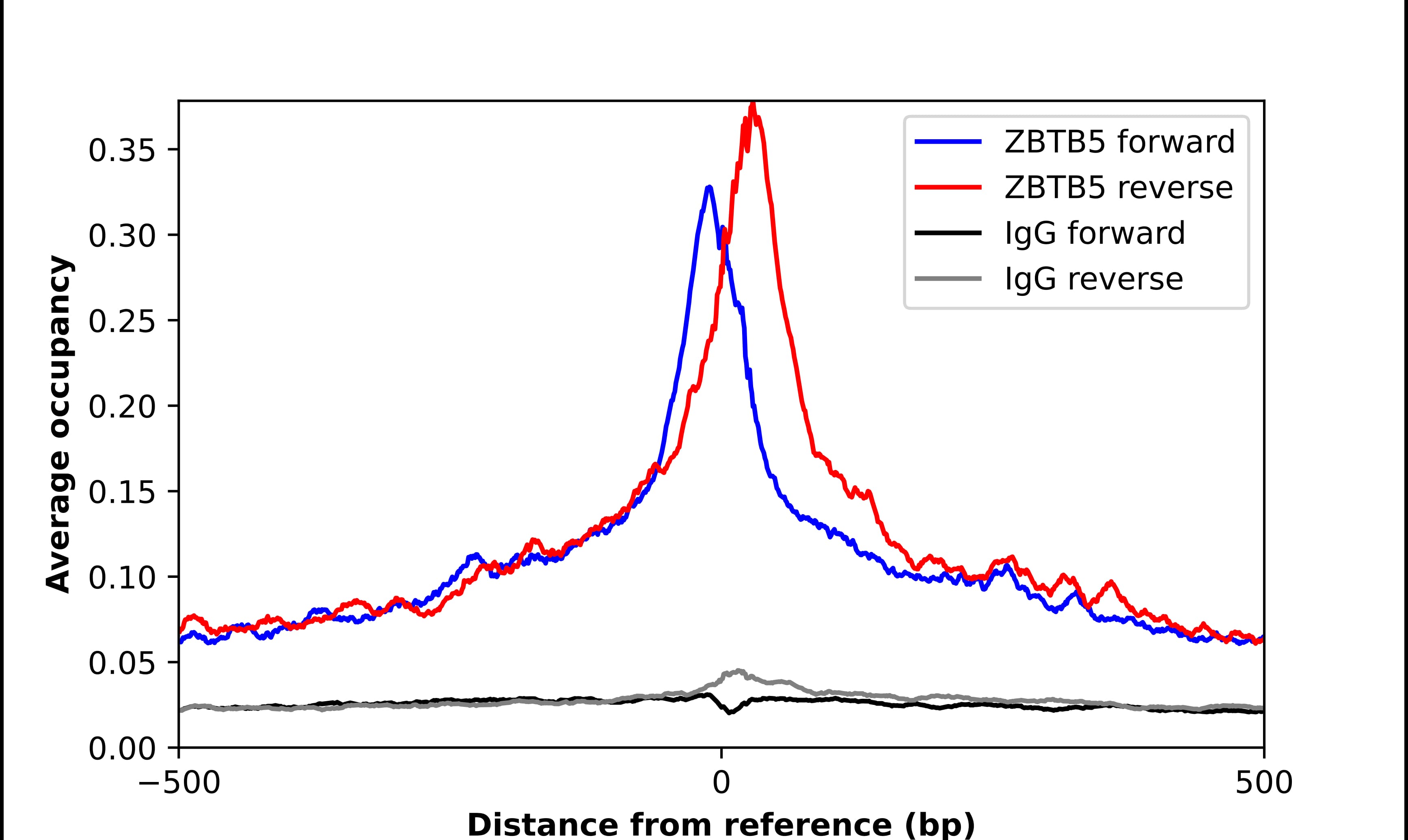 ChIP-Exo-Seq composite graph for Anti-ZBTB5 (NBP2-13536) tested in K562 cells. Strand-specific reads (blue: forward, red: reverse) and IgG controls (black: forward, grey: reverse) are plotted against the distance from a composite set of reference binding sites. The antibody exhibits robust target enrichment compared to a non-specific IgG control and precisely reveals its structural organization around the binding site. Data generated by Prof. B. F. Pugh´s Lab at Cornell University.