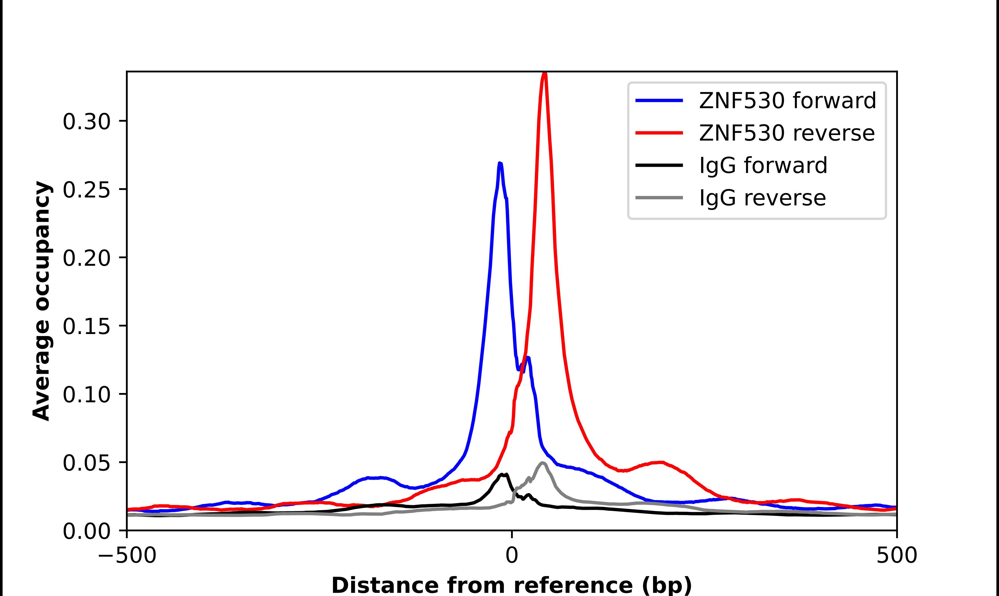 ChIP-Exo-Seq composite graph for Anti-ZNF530 tested in K562 cells. Strand-specific reads (blue: forward, red: reverse) and IgG controls (black: forward, grey: reverse) are plotted against the distance from a composite set of reference binding sites. The antibody exhibits robust target enrichment compared to a non-specific IgG control and precisely reveals its structural organization around the binding site. Data generated by Prof. B. F. Pugh's Lab at Cornell University.