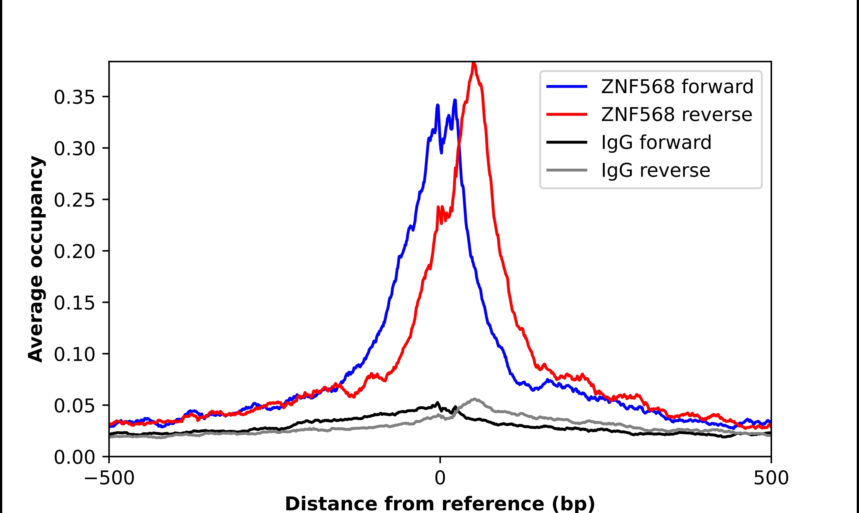 ChIP-Exo-Seq composite graph for Anti-ZNF568 (NBP2-13581) tested in K562 cells. Strand-specific reads (blue: forward, red: reverse) and IgG controls (black: forward, grey: reverse) are plotted against the distance from a composite set of reference binding sites. The antibody exhibits robust target enrichment compared to a non-specific IgG control and precisely reveals its structural organization around the binding site. Data generated by Prof. B. F. Pugh´s Lab at Cornell University.