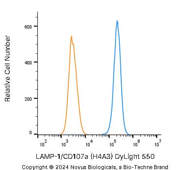 An intracellular stain was performed on A431 human skin carcinoma cell line using Mouse anti-LAMP-1/CD107a (H4A3) Protein-G purified Monoclonal Antibody conjugated to DyLight 550 (Catalog # NBP2-25183R, blue histogram) or matched control antibody (orange histogram) at 2.5 µg/mL for 30 minutes at RT.