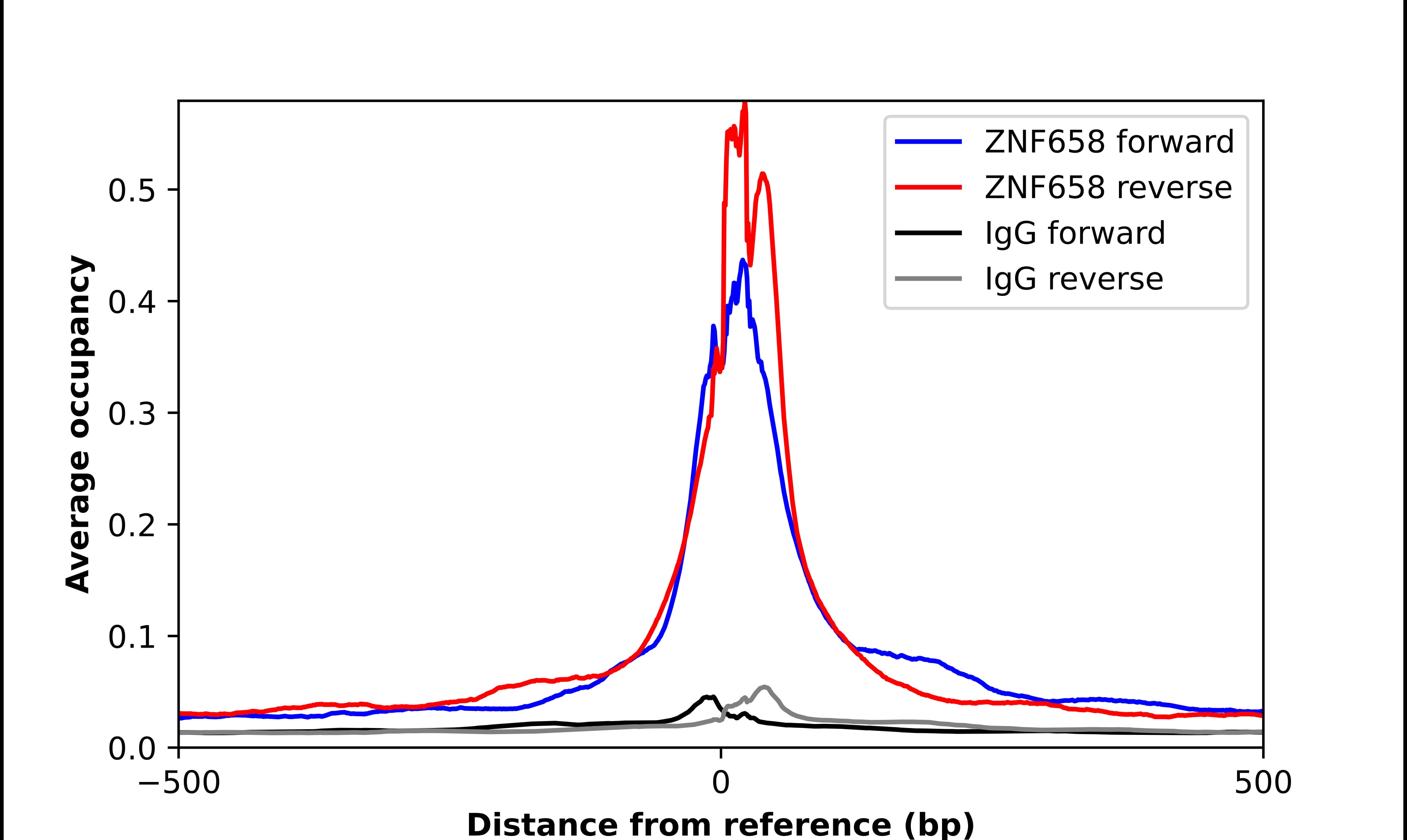 ChIP-Exo-Seq composite graph for Anti-ZNF658 (NBP2-30748) tested in K562 cells. Strand-specific reads (blue: forward, red: reverse) and IgG controls (black: forward, grey: reverse) are plotted against the distance from a composite set of reference binding sites. The antibody exhibits robust target enrichment compared to a non-specific IgG control and precisely reveals its structural organization around the binding site. Data generated by Prof. B. F. Pugh´s Lab at Cornell University.