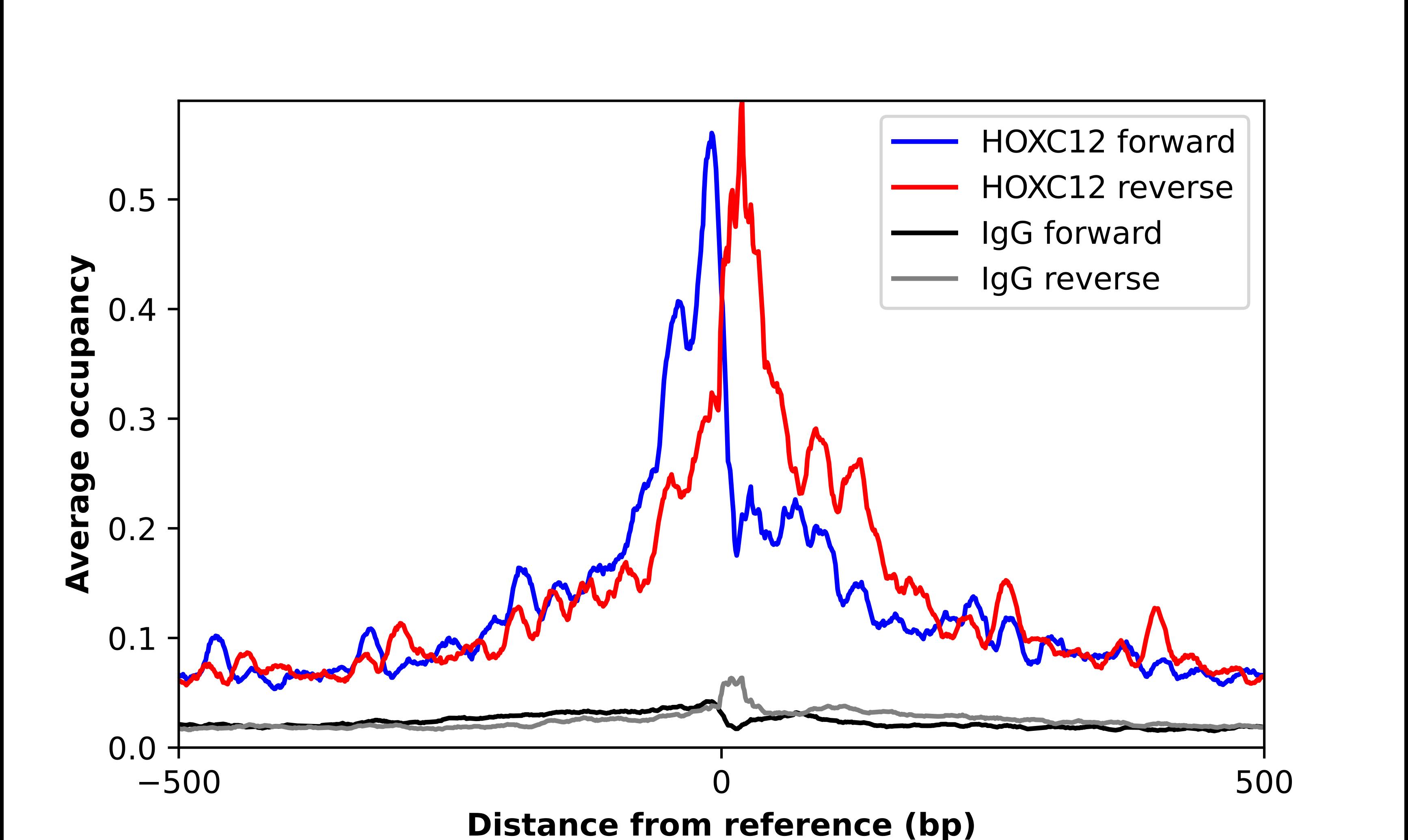 ChIP-Exo-Seq composite graph for Anti-HOXC12 tested in K562 cells. Strand-specific reads (blue: forward, red: reverse) and IgG controls (black: forward, grey: reverse) are plotted against the distance from a composite set of reference binding sites. The antibody exhibits robust target enrichment compared to a non-specific IgG control and precisely reveals its structural organization around the binding site. Data generated by Prof. B. F. Pugh's Lab at Cornell University.