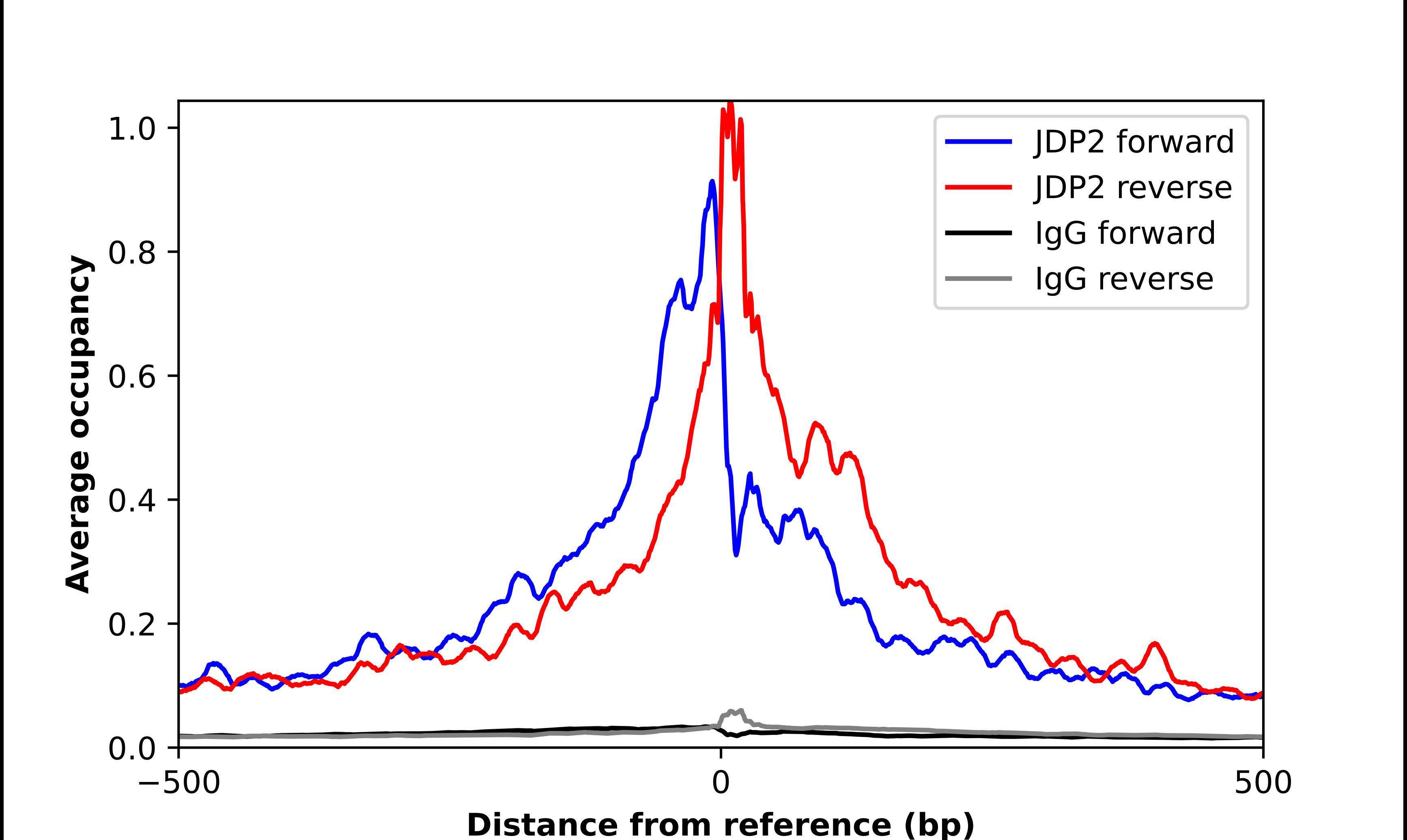 ChIP-Exo-Seq composite graph for Anti-JDP2 (NBP2-31775) tested in K562 cells. Strand-specific reads (blue: forward, red: reverse) and IgG controls (black: forward, grey: reverse) are plotted against the distance from a composite set of reference binding sites. The antibody exhibits robust target enrichment compared to a non-specific IgG control and precisely reveals its structural organization around the binding site. Data generated by Prof. B. F. Pugh´s Lab at Cornell University.