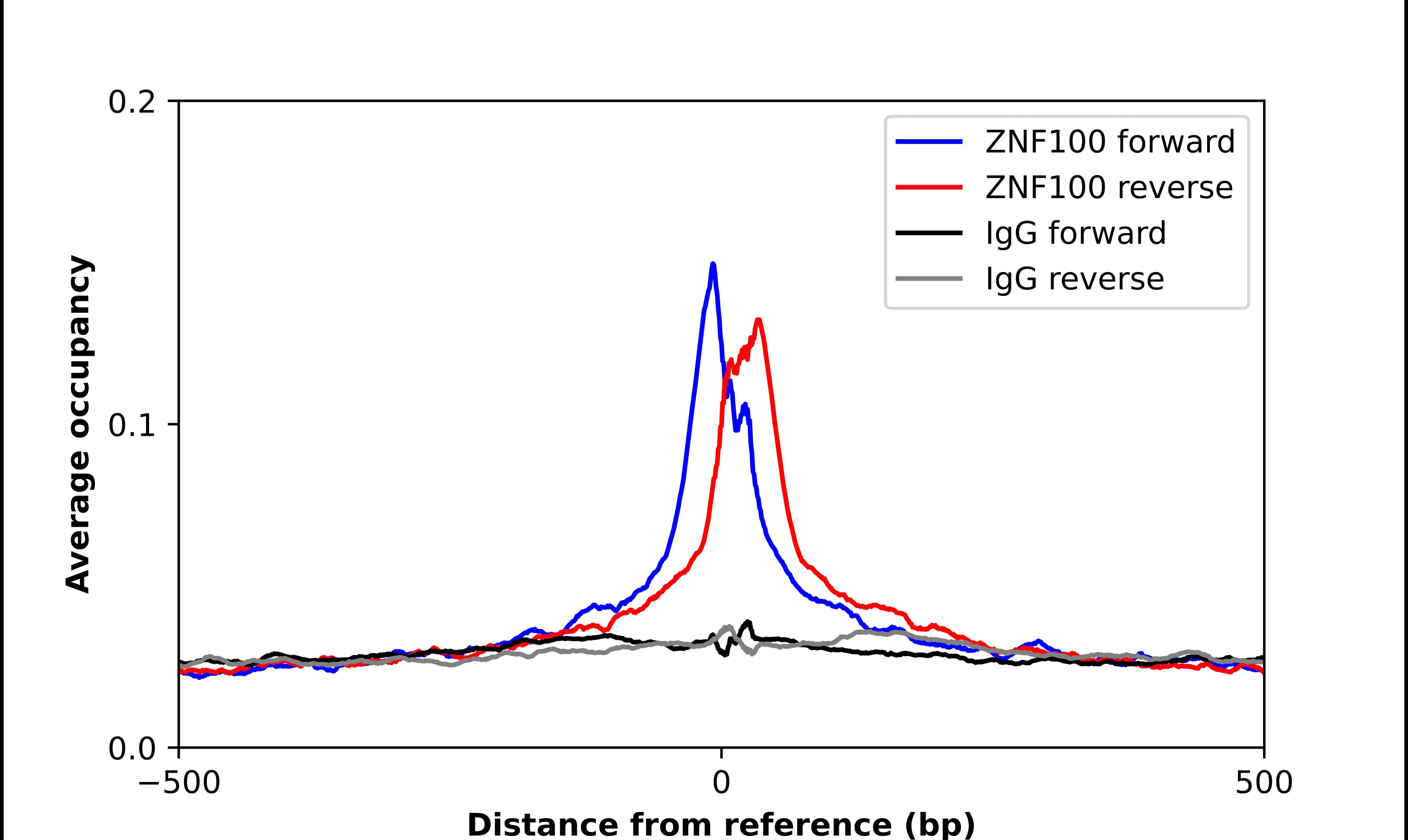 ChIP-Exo-Seq composite graph for Anti-ZNF100 tested in K562 cells. Strand-specific reads (blue: forward, red: reverse) and IgG controls (black: forward, grey: reverse) are plotted against the distance from a composite set of reference binding sites. The antibody exhibits robust target enrichment compared to a non-specific IgG control and precisely reveals its structural organization around the binding site. Data generated by Prof. B. F. Pugh's Lab at Cornell University.