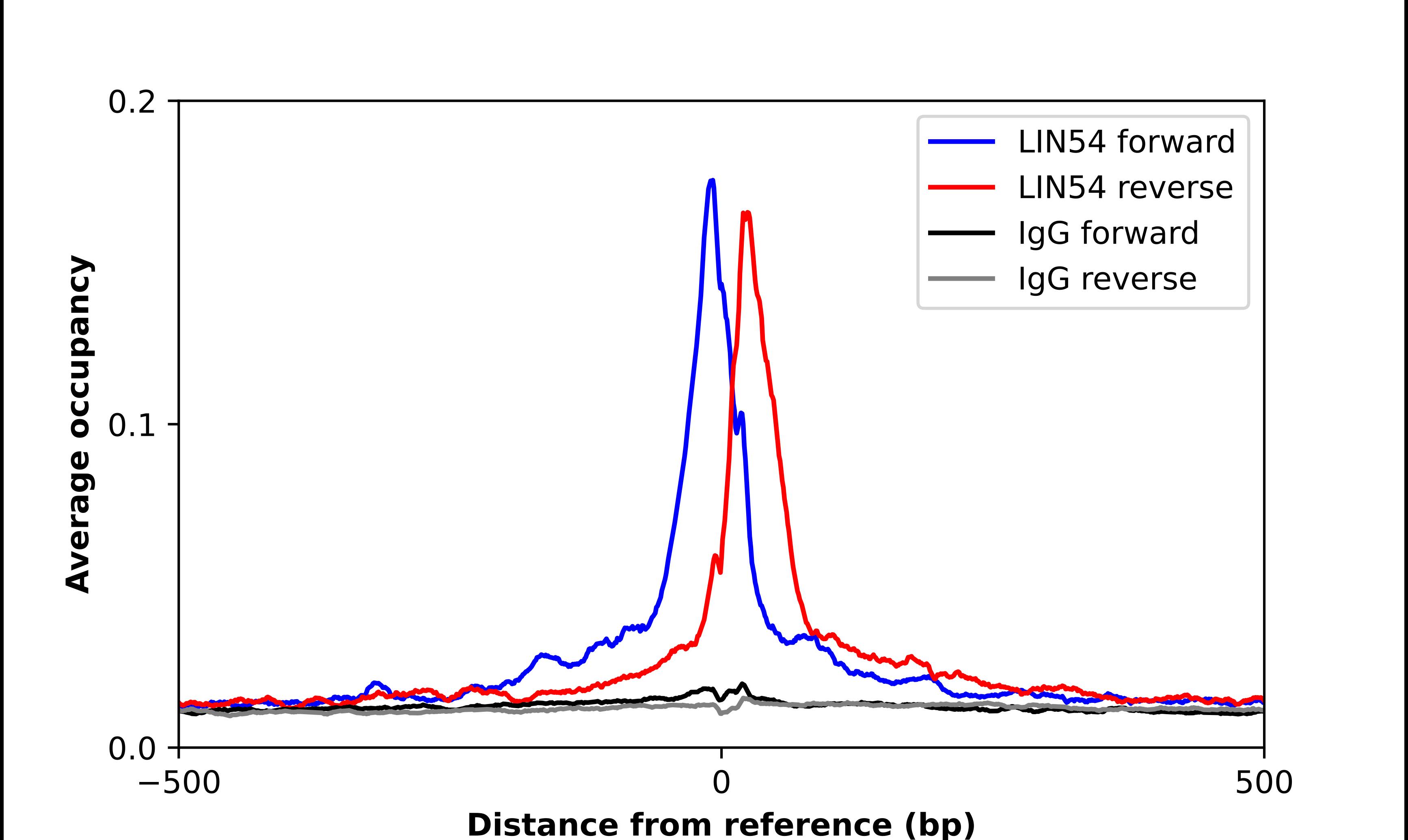 ChIP-Exo-Seq composite graph for Anti-lin-54 tested in K562 cells. Strand-specific reads (blue: forward, red: reverse) and IgG controls (black: forward, grey: reverse) are plotted against the distance from a composite set of reference binding sites. The antibody exhibits robust target enrichment compared to a non-specific IgG control and precisely reveals its structural organization around the binding site. Data generated by Prof. B. F. Pugh's Lab at Cornell University.