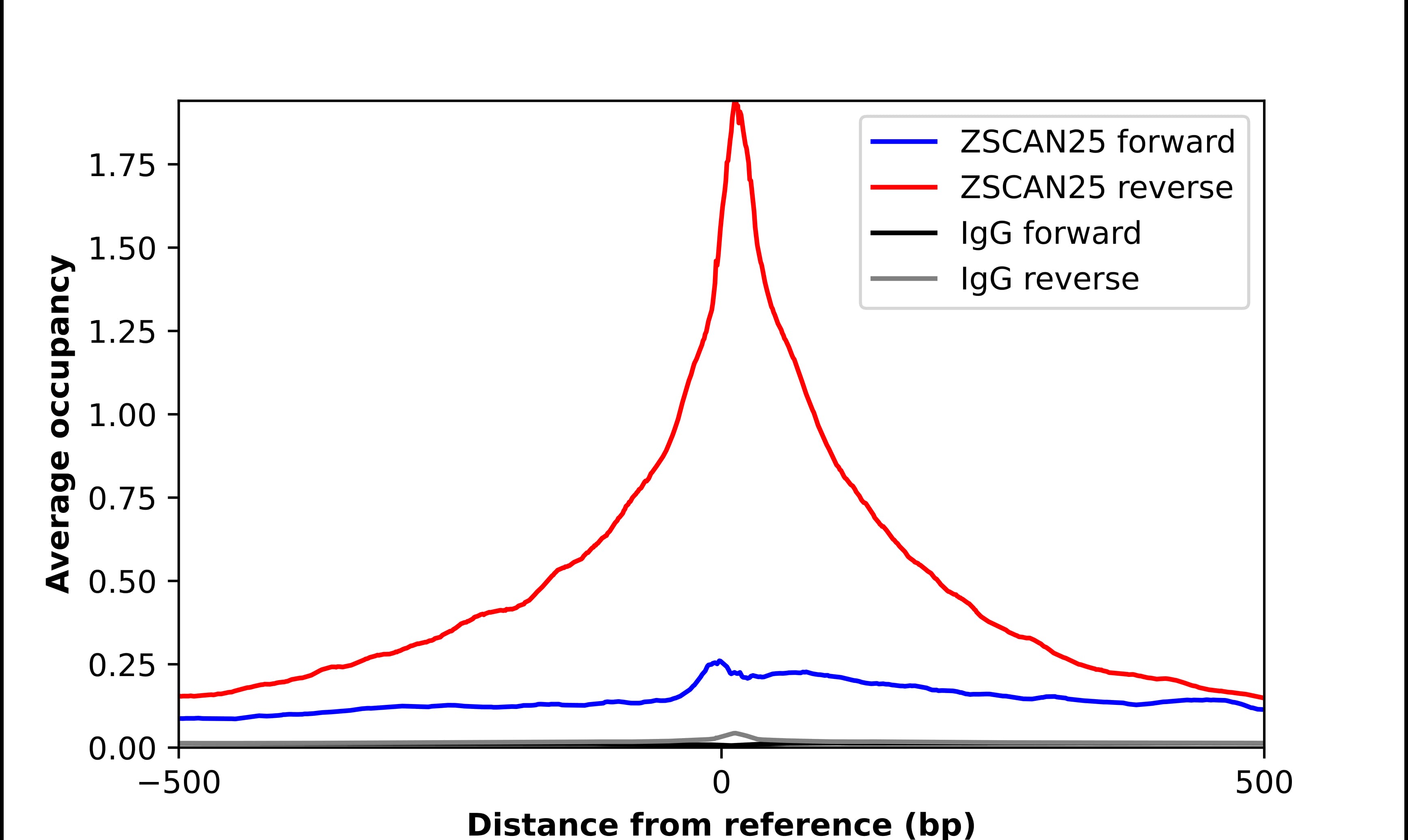 ChIP-Exo-Seq composite graph for Anti-ZSCAN25 (NBP2-33818) tested in K562 cells. Strand-specific reads (blue: forward, red: reverse) and IgG controls (black: forward, grey: reverse) are plotted against the distance from a composite set of reference binding sites. The antibody exhibits robust target enrichment compared to a non-specific IgG control and precisely reveals its structural organization around the binding site. Data generated by Prof. B. F. Pugh´s Lab at Cornell University.