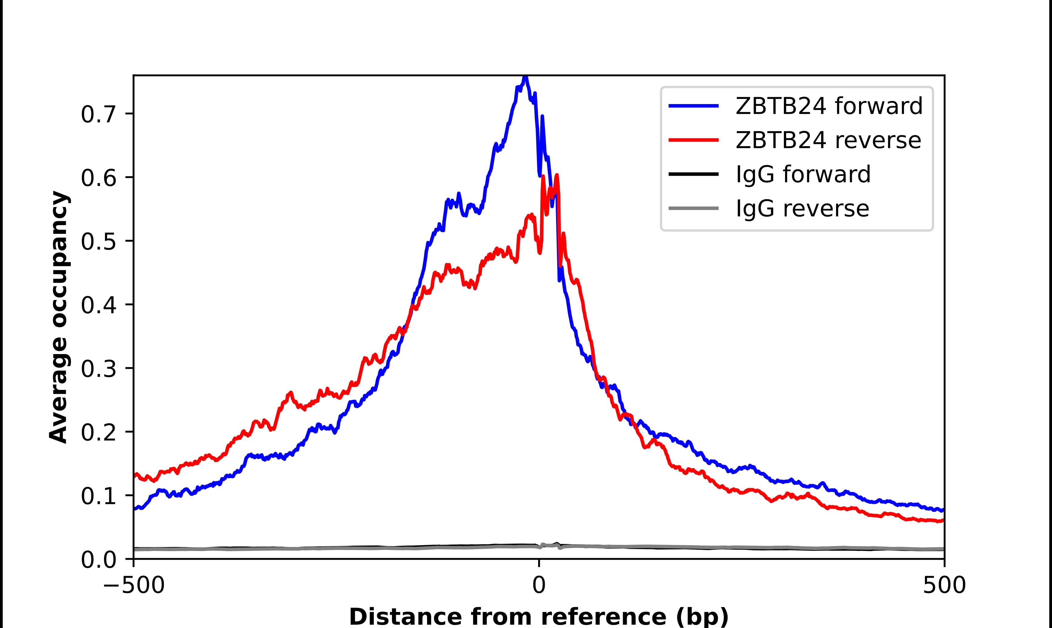 ChIP-Exo-Seq composite graph for Anti-ZBTB24 (NBP2-33856) tested in K562 cells. Strand-specific reads (blue: forward, red: reverse) and IgG controls (black: forward, grey: reverse) are plotted against the distance from a composite set of reference binding sites. The antibody exhibits robust target enrichment compared to a non-specific IgG control and precisely reveals its structural organization around the binding site. Data generated by Prof. B. F. Pugh´s Lab at Cornell University.