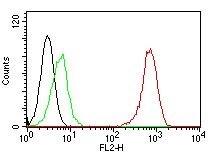 Flow Cytometric analysis of human CD31 on Jurkat cells. Black: cells alone; Green: Isotype Control; Red: PE-labeled CD31/PECAM-1 Antibody (C31.7) - IHC-Prediluted.