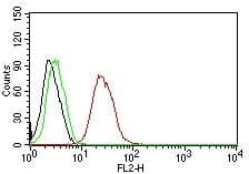 Flow Cytometry for human ER-beta on MCF-7 cells. Black: cells alone; Green: Isotype Control; Red: PE-labeled ER beta/NR3A2 Antibody (ERb455) - IHC-Prediluted.