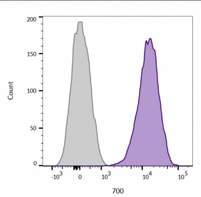 Flow Cytometric Analysis of live Jurkat cells unstained (grey) and CD45 Antibody (2B11 + PD7/26) - IHC-Predilutedconjugated with CF680 (purple).