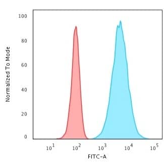 Flow Cytometric Analysis of HeLa cells using Cytokeratin 8 Antibody (K8.8) - IHC-Prediluted followed by Goat anti-Mouse IgG-CF488 (Blue); Isotype Control (Red).