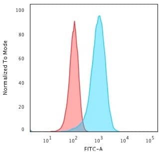 Flow Cytometric Analysis of T98G cells using UCH-L1/PGP9.5 Antibody (31A3) - IHC-Prediluted followed by Goat anti-Mouse IgG-CF488 (Blue); Isotype Control (Red).