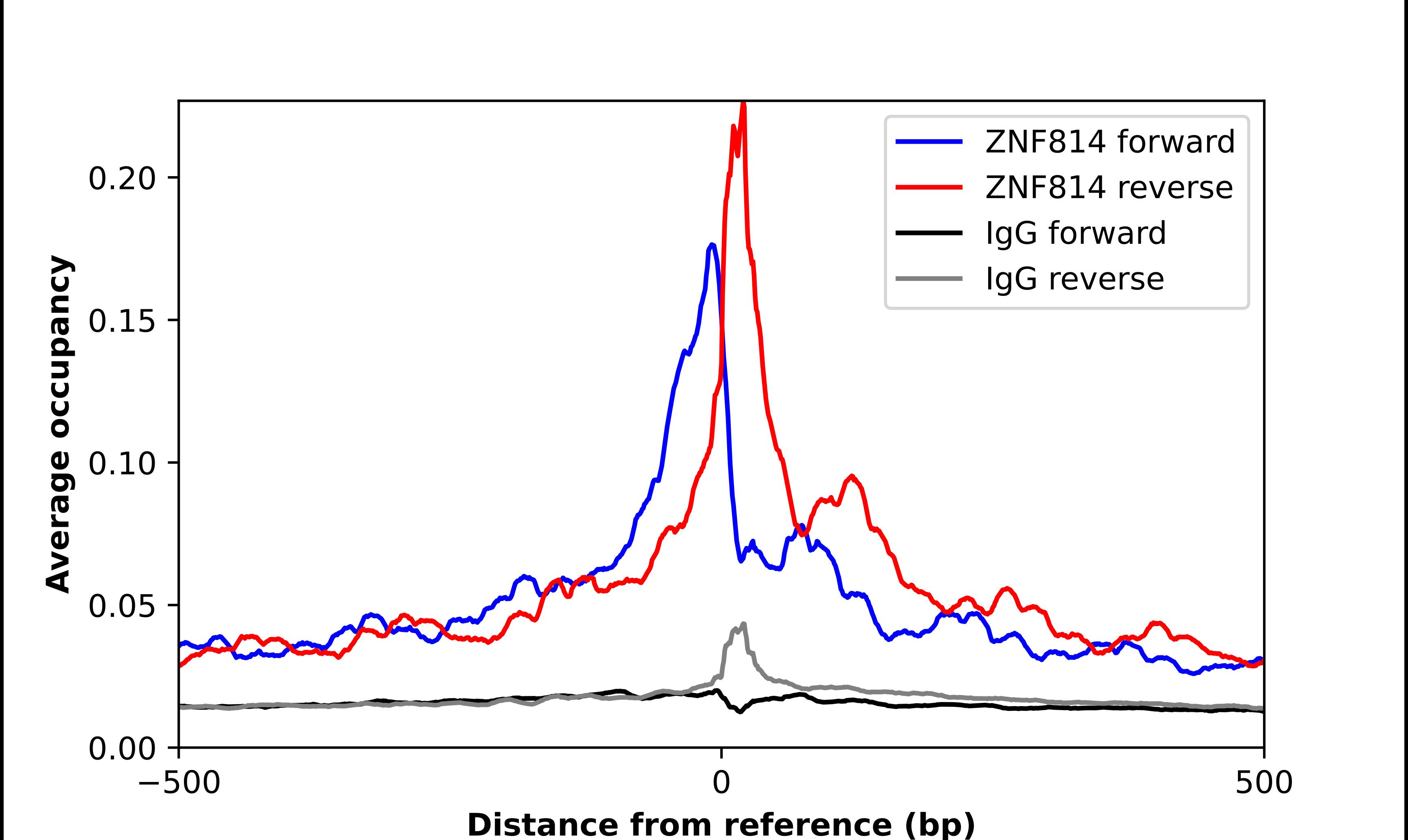 ChIP-Exo-Seq composite graph for Anti-ZNF814 tested in K562 cells. Strand-specific reads (blue: forward, red: reverse) and IgG controls (black: forward, grey: reverse) are plotted against the distance from a composite set of reference binding sites. The antibody exhibits robust target enrichment compared to a non-specific IgG control and precisely reveals its structural organization around the binding site. Data generated by Prof. B. F. Pugh's Lab at Cornell University.