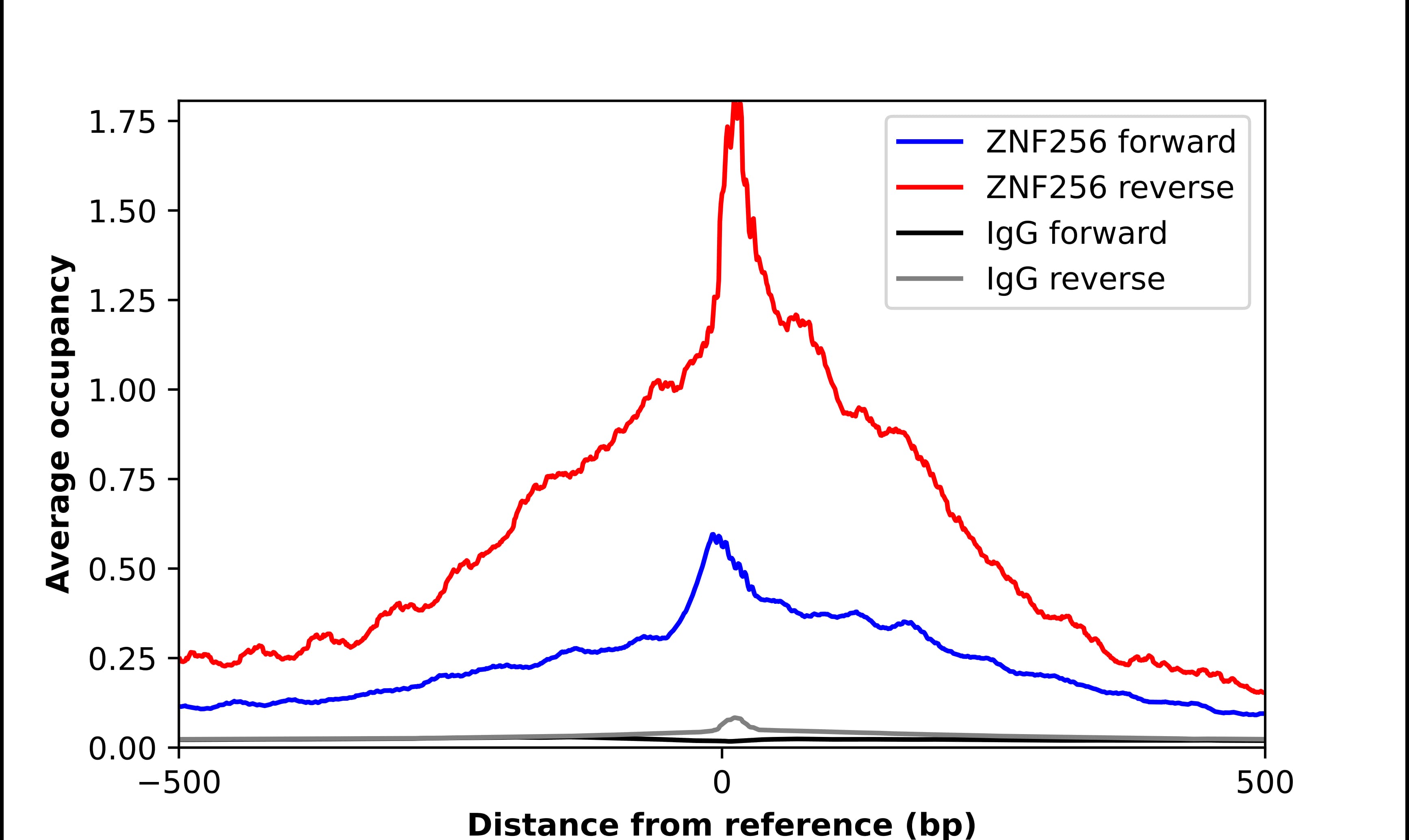 ChIP-Exo-Seq composite graph for Anti-ZNF256 (NBP2-47569) tested in K562 cells. Strand-specific reads (blue: forward, red: reverse) and IgG controls (black: forward, grey: reverse) are plotted against the distance from a composite set of reference binding sites. The antibody exhibits robust target enrichment compared to a non-specific IgG control and precisely reveals its structural organization around the binding site. Data generated by Prof. B. F. Pugh´s Lab at Cornell University.