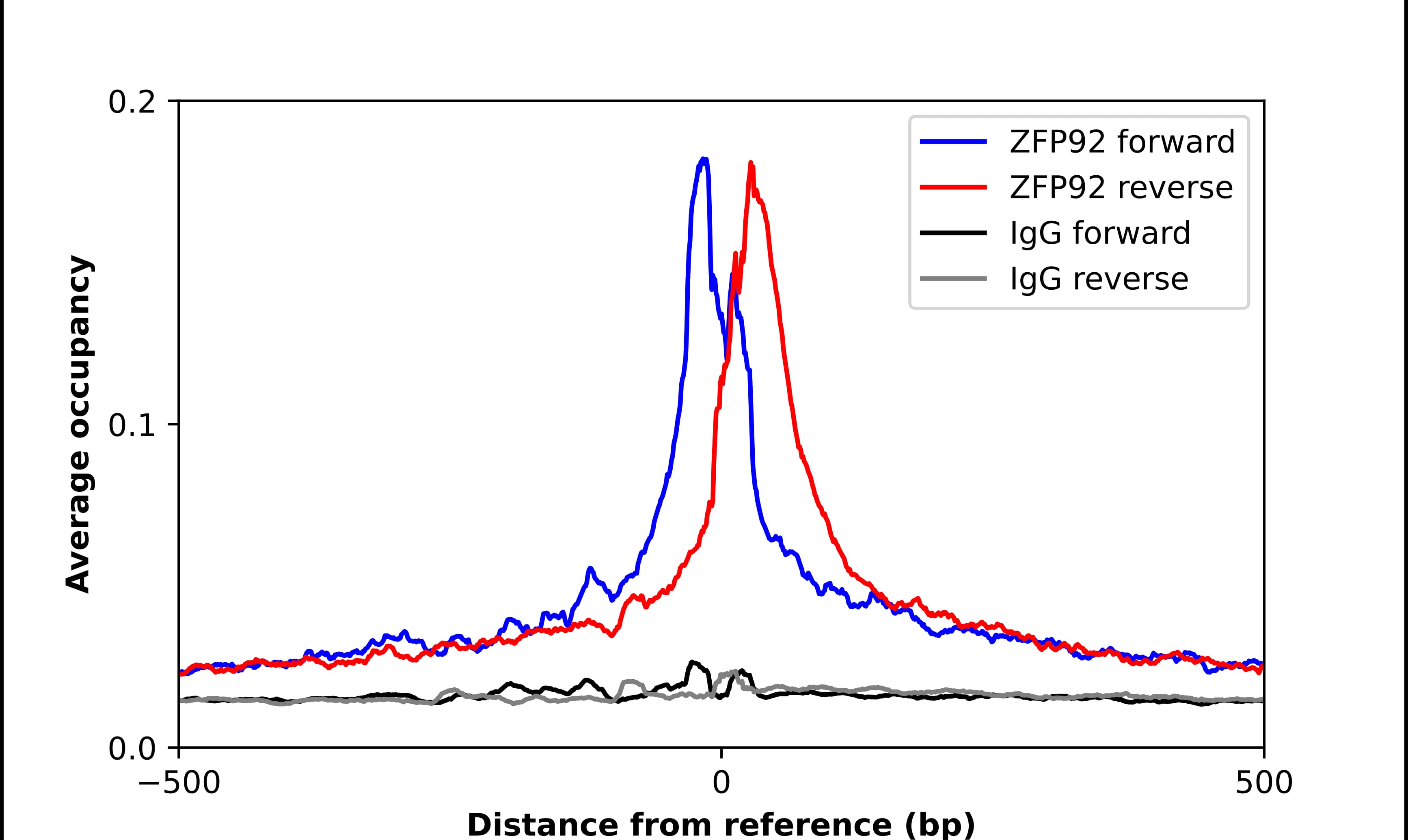 ChIP-Exo-Seq composite graph for Anti-ZFP92 (NBP2-47573) tested in K562 cells. Strand-specific reads (blue: forward, red: reverse) and IgG controls (black: forward, grey: reverse) are plotted against the distance from a composite set of reference binding sites. The antibody exhibits robust target enrichment compared to a non-specific IgG control and precisely reveals its structural organization around the binding site. Data generated by Prof. B. F. Pugh´s Lab at Cornell University.