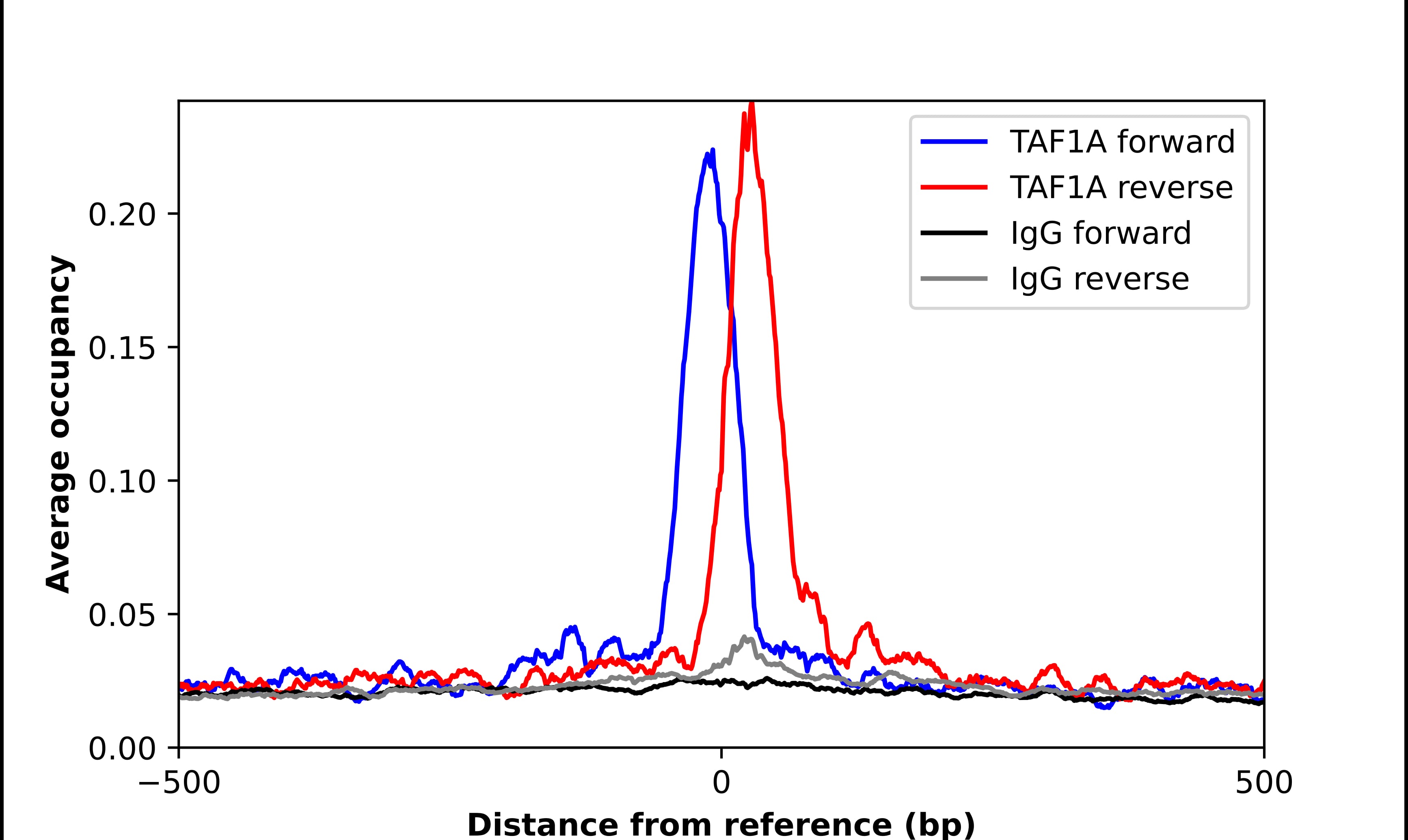 ChIP-Exo-Seq composite graph for Anti-TAF148 tested in K562 cells. Strand-specific reads (blue: forward, red: reverse) and IgG controls (black: forward, grey: reverse) are plotted against the distance from a composite set of reference binding sites. The antibody exhibits robust target enrichment compared to a non-specific IgG control and precisely reveals its structural organization around the binding site. Data generated by Prof. B. F. Pugh's Lab at Cornell University.