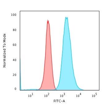 Flow Cytometric Analysis of paraformaldehyde-fixed K562 cells. Moesin Antibody (MSN/493) - IHC-Prediluted followed by goat anti-Mouse IgG-CF488 (Blue); Isotype Control (Red)