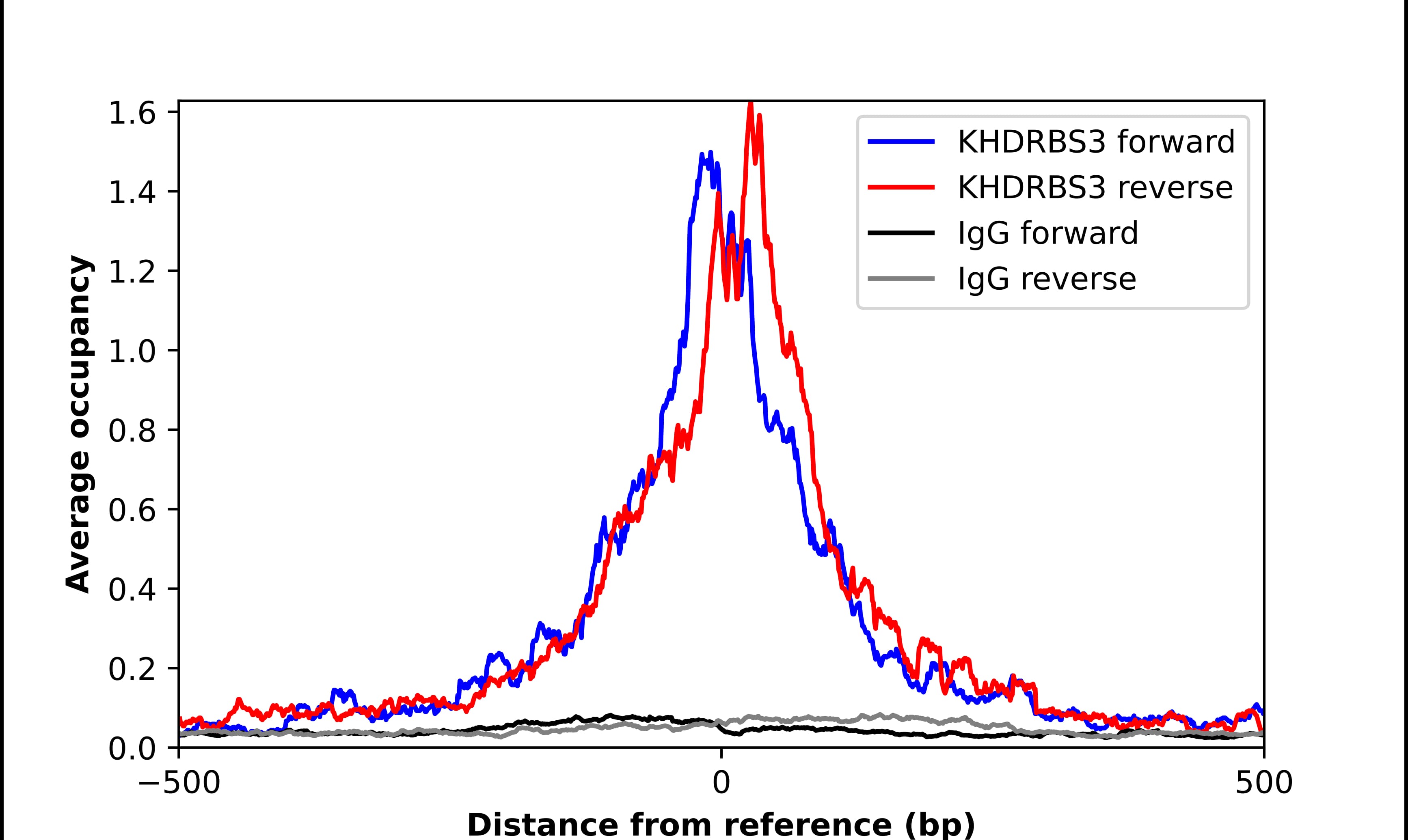 ChIP-Exo-Seq composite graph for Anti-KHDRBS3 (NBP2-55220) tested in K562 cells. Strand-specific reads (blue: forward, red: reverse) and IgG controls (black: forward, grey: reverse) are plotted against the distance from a composite set of reference binding sites. The antibody exhibits robust target enrichment compared to a non-specific IgG control and precisely reveals its structural organization around the binding site. Data generated by Prof. B. F. Pugh´s Lab at Cornell University.