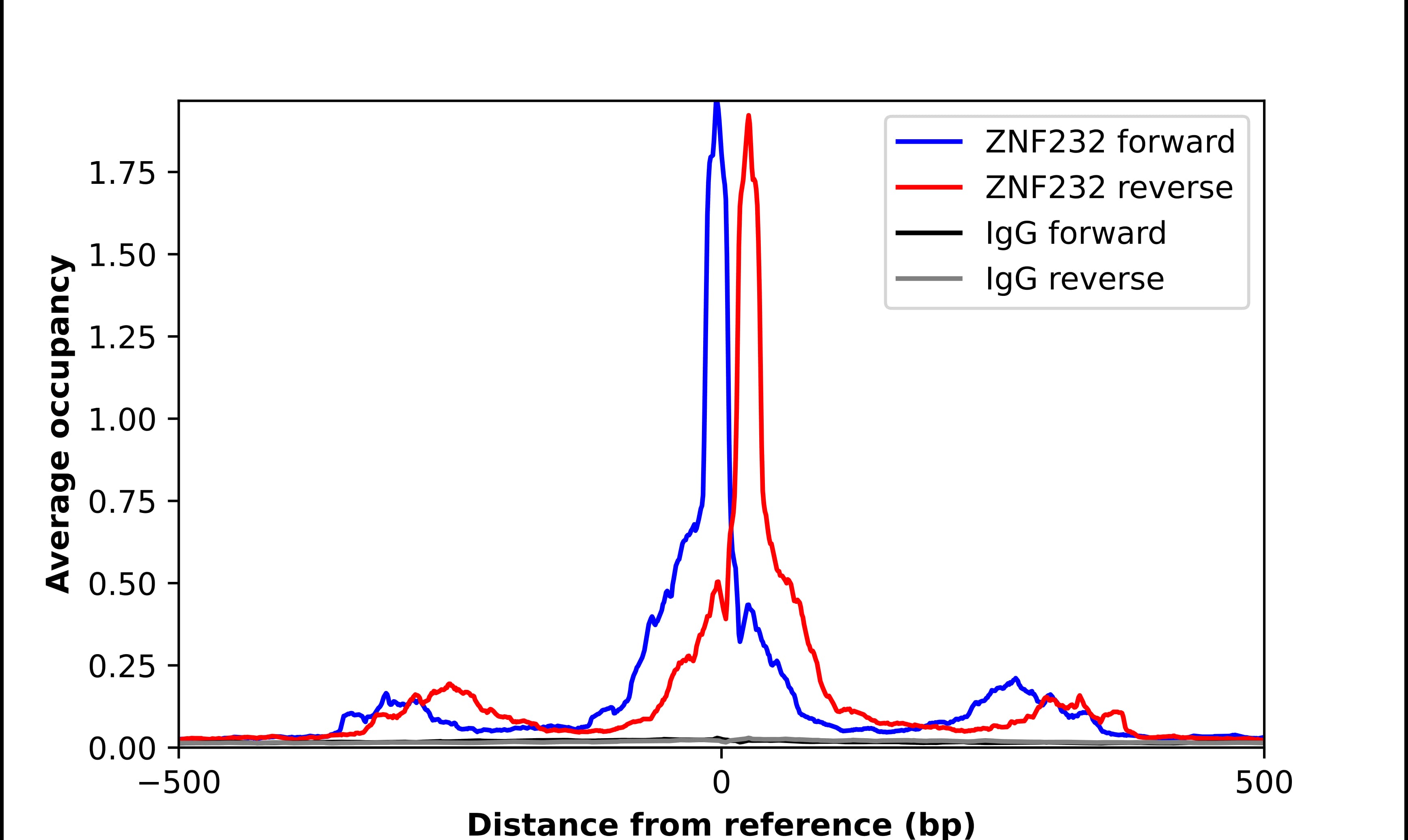 ChIP-Exo-Seq composite graph for Anti-ZNF232 (NBP2-55348) tested in K562 cells. Strand-specific reads (blue: forward, red: reverse) and IgG controls (black: forward, grey: reverse) are plotted against the distance from a composite set of reference binding sites. The antibody exhibits robust target enrichment compared to a non-specific IgG control and precisely reveals its structural organization around the binding site. Data generated by Prof. B. F. Pugh´s Lab at Cornell University.
