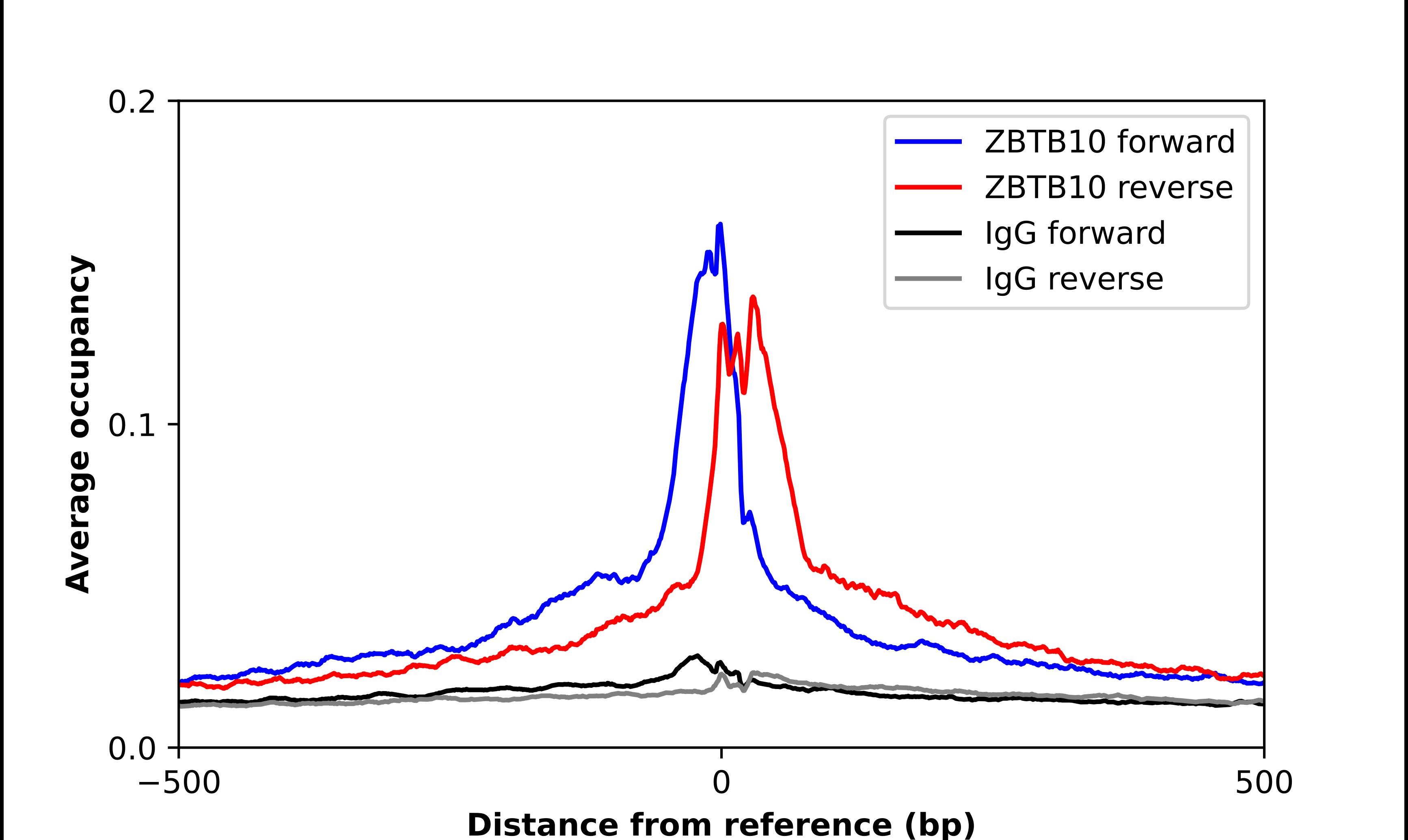 ChIP-Exo-Seq composite graph for Anti-ZBTB10 tested in K562 cells. Strand-specific reads (blue: forward, red: reverse) and IgG controls (black: forward, grey: reverse) are plotted against the distance from a composite set of reference binding sites. The antibody exhibits robust target enrichment compared to a non-specific IgG control and precisely reveals its structural organization around the binding site. Data generated by Prof. B. F. Pugh's Lab at Cornell University.