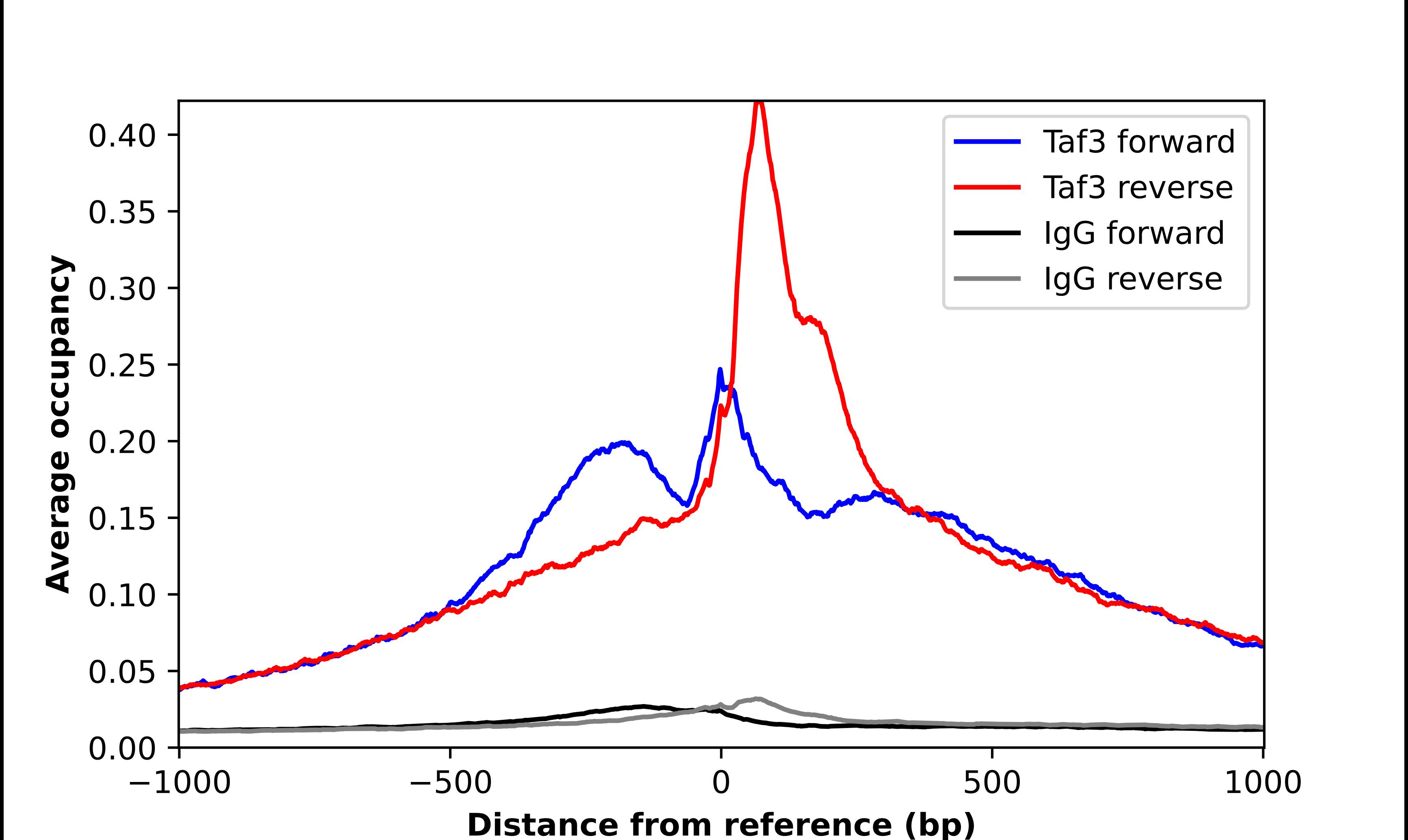 ChIP-Exo-Seq composite graph for Anti-TAF3 (NBP2-55698) tested in K562 cells. Strand-specific reads (blue: forward, red: reverse) and IgG controls (black: forward, grey: reverse) are plotted against the distance from a composite set of reference binding sites. The antibody exhibits robust target enrichment compared to a non-specific IgG control and precisely reveals its structural organization around the binding site. Data generated by Prof. B. F. Pugh´s Lab at Cornell University.