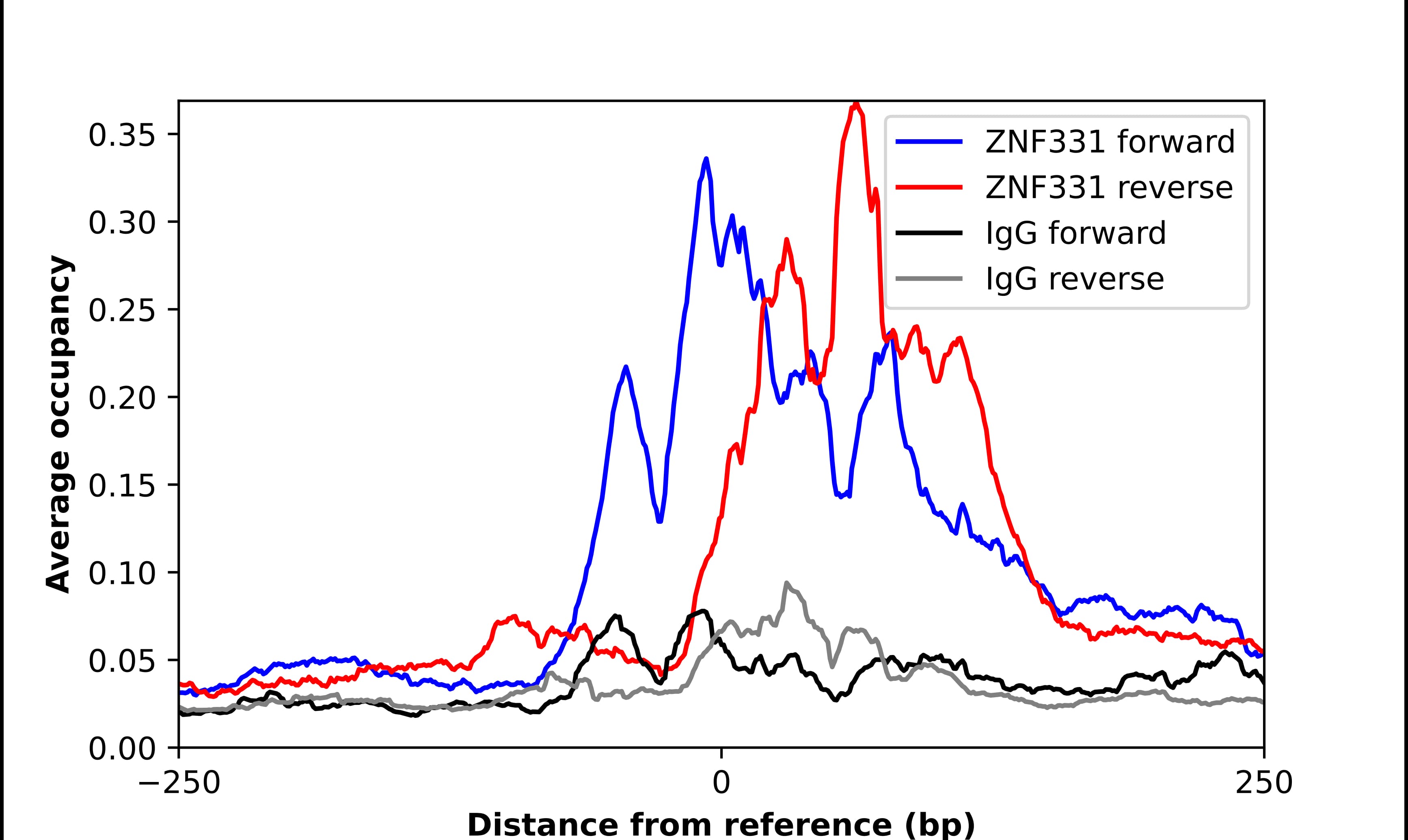 ChIP-Exo-Seq composite graph for Anti-ZNF331 tested in K562 cells. Strand-specific reads (blue: forward, red: reverse) and IgG controls (black: forward, grey: reverse) are plotted against the distance from a composite set of reference binding sites. The antibody exhibits robust target enrichment compared to a non-specific IgG control and precisely reveals its structural organization around the binding site. Data generated by Prof. B. F. Pugh's Lab at Cornell University.