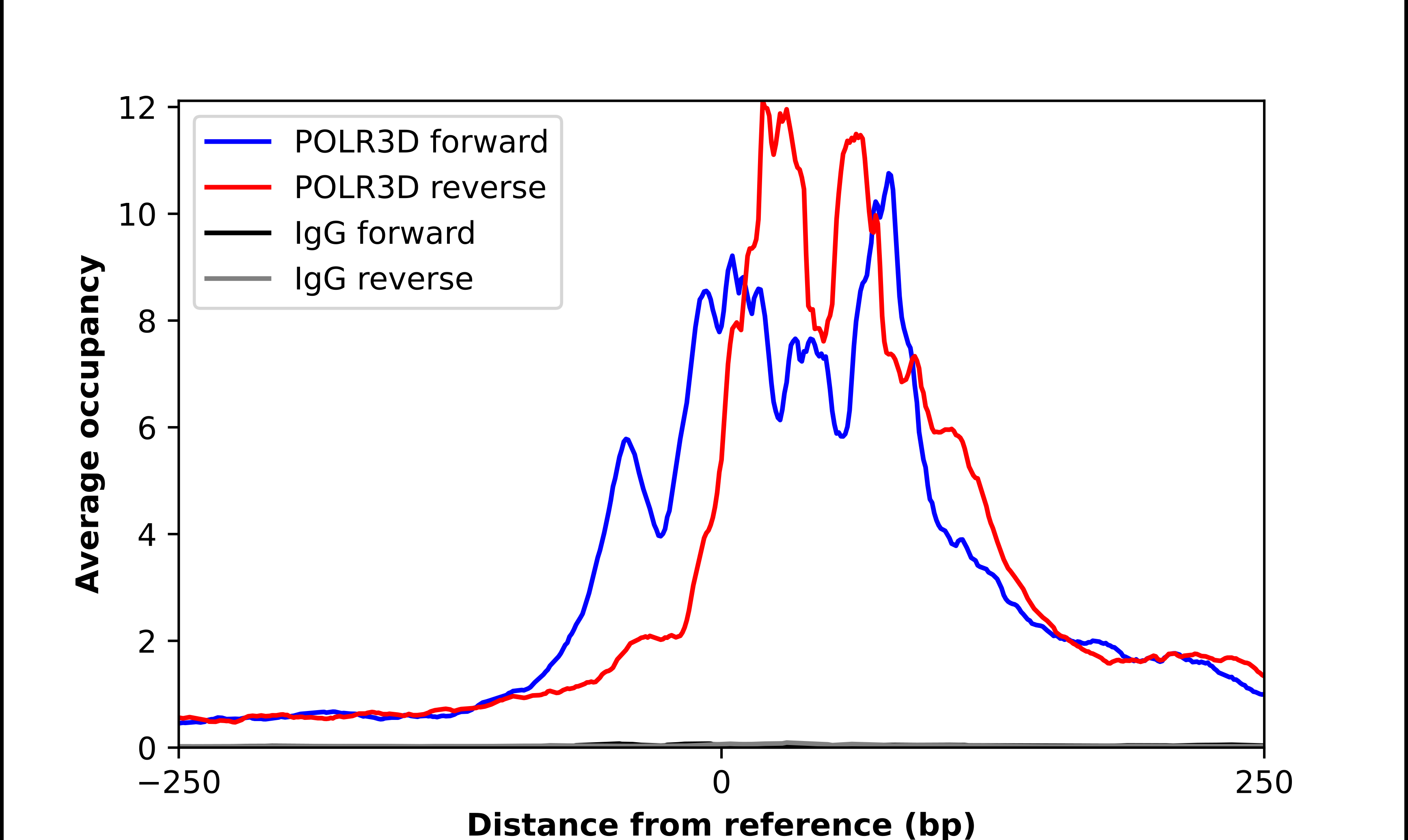 ChIP-Exo-Seq composite graph for Anti-POLR3D (NBP2-55887) tested in K562 cells. Strand-specific reads (blue: forward, red: reverse) and IgG controls (black: forward, grey: reverse) are plotted against the distance from a composite set of reference binding sites. The antibody exhibits robust target enrichment compared to a non-specific IgG control and precisely reveals its structural organization around the binding site. Data generated by Prof. B. F. Pugh´s Lab at Cornell University.