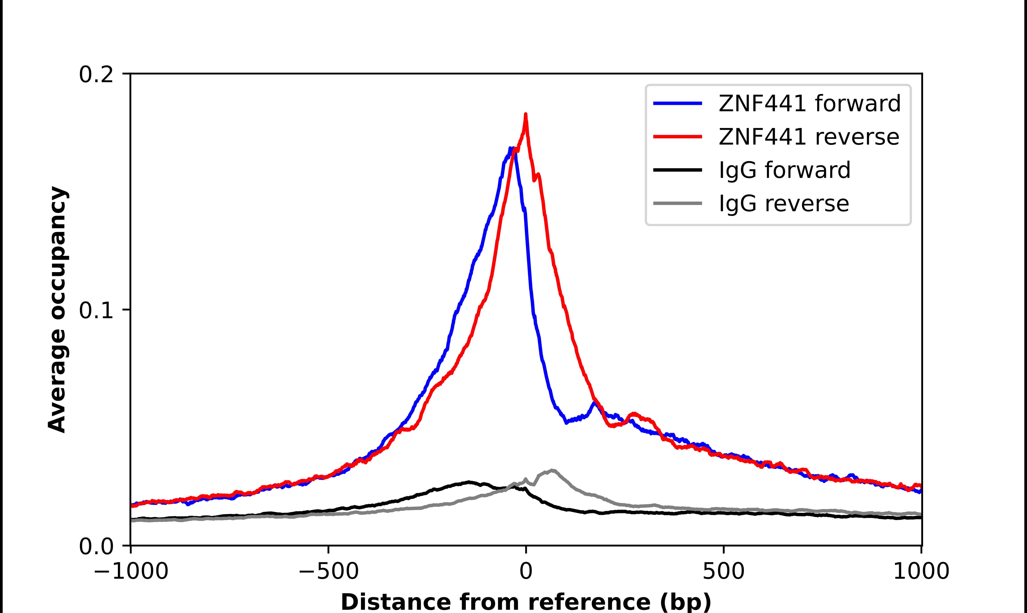 ChIP-Exo-Seq composite graph for Anti-ZNF441 (NBP2-56529) tested in K562 cells. Strand-specific reads (blue: forward, red: reverse) and IgG controls (black: forward, grey: reverse) are plotted against the distance from a composite set of reference binding sites. The antibody exhibits robust target enrichment compared to a non-specific IgG control and precisely reveals its structural organization around the binding site. Data generated by Prof. B. F. Pugh´s Lab at Cornell University.