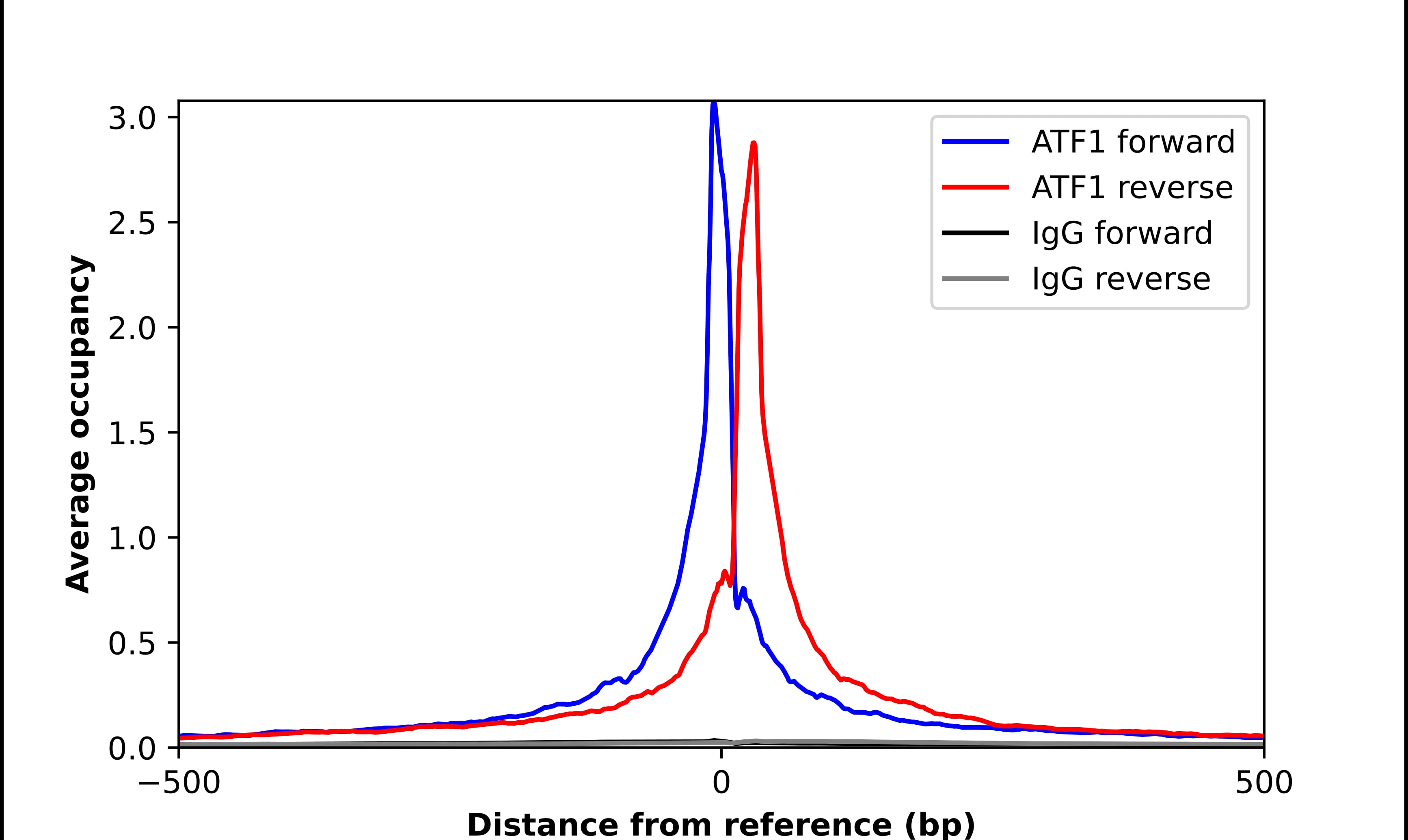 ChIP-Exo-Seq composite graph for Anti-ATF1 (NBP2-56846) tested in K562 cells. Strand-specific reads (blue: forward, red: reverse) and IgG controls (black: forward, grey: reverse) are plotted against the distance from a composite set of reference binding sites. The antibody exhibits robust target enrichment compared to a non-specific IgG control and precisely reveals its structural organization around the binding site. Data generated by Prof. B. F. Pugh´s Lab at Cornell University.