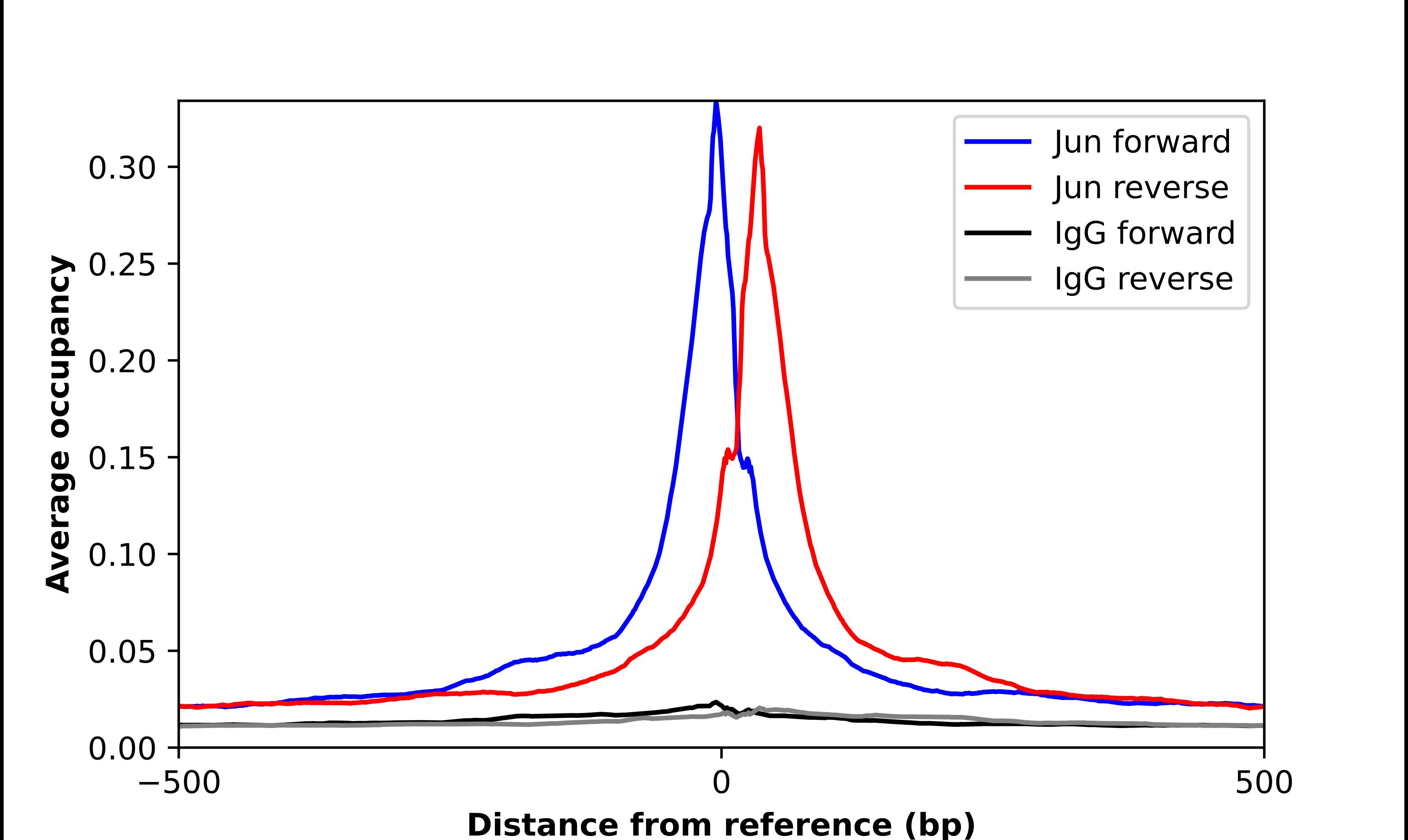 ChIP-Exo-Seq composite graph for Anti-c-jun tested in K562 cells. Strand-specific reads (blue: forward, red: reverse) and IgG controls (black: forward, grey: reverse) are plotted against the distance from a composite set of reference binding sites. The antibody exhibits robust target enrichment compared to a non-specific IgG control and precisely reveals its structural organization around the binding site. Data generated by Prof. B. F. Pugh's Lab at Cornell University.