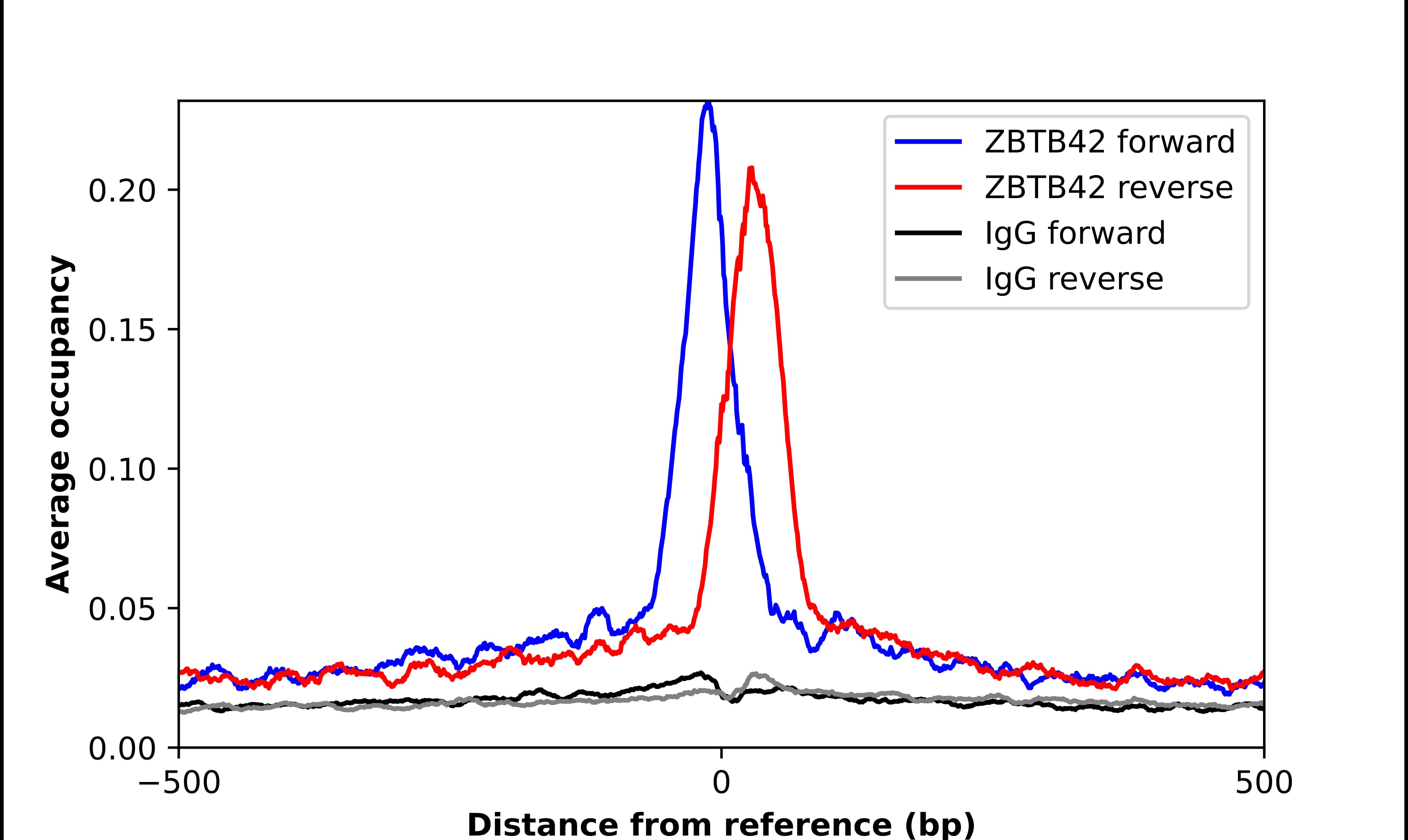 ChIP-Exo-Seq composite graph for Anti-ZBTB42 (NBP2-57401) tested in K562 cells. Strand-specific reads (blue: forward, red: reverse) and IgG controls (black: forward, grey: reverse) are plotted against the distance from a composite set of reference binding sites. The antibody exhibits robust target enrichment compared to a non-specific IgG control and precisely reveals its structural organization around the binding site. Data generated by Prof. B. F. Pugh´s Lab at Cornell University.