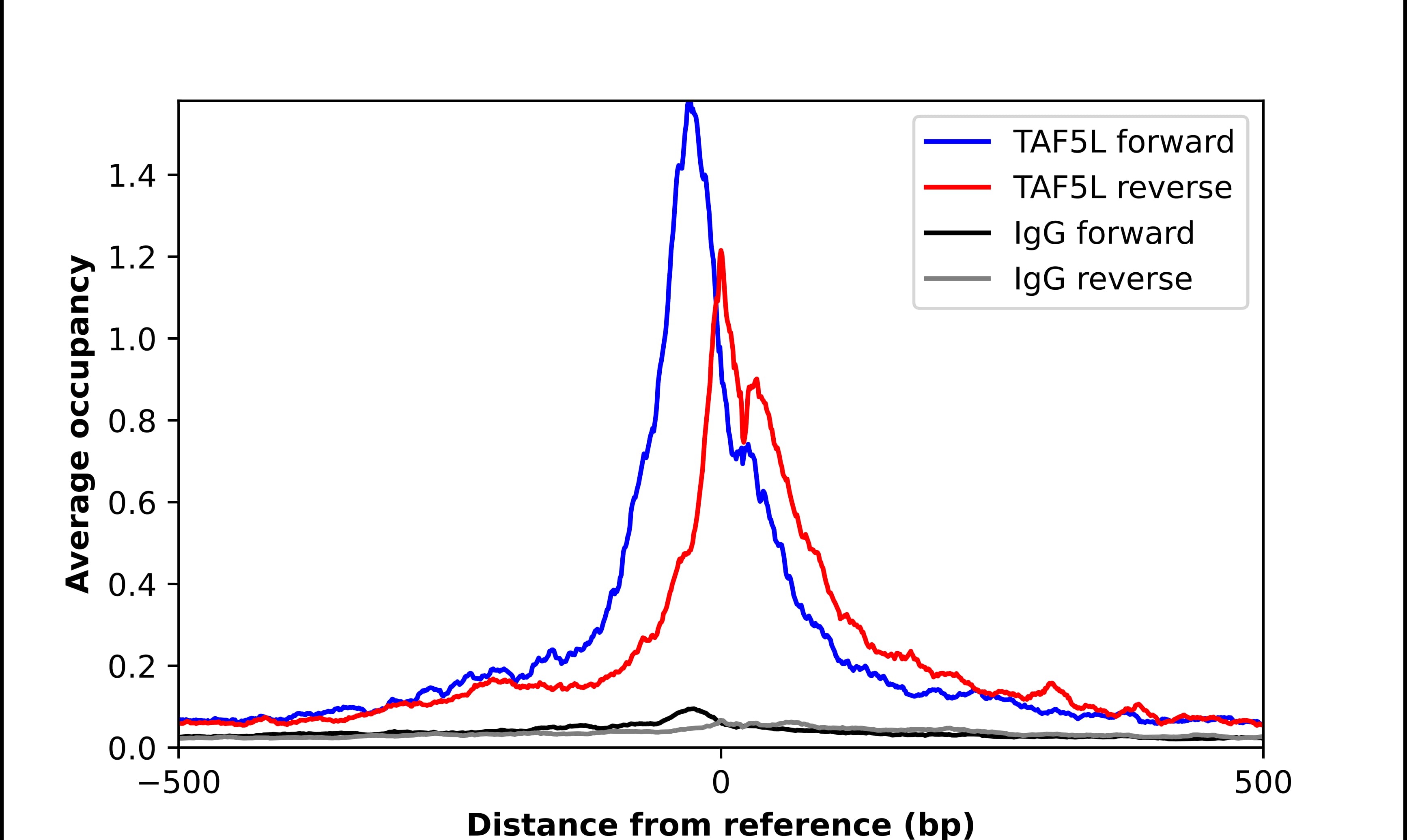 ChIP-Exo-Seq composite graph for Anti-TAF5L (NBP2-57546) tested in K562 cells. Strand-specific reads (blue: forward, red: reverse) and IgG controls (black: forward, grey: reverse) are plotted against the distance from a composite set of reference binding sites. The antibody exhibits robust target enrichment compared to a non-specific IgG control and precisely reveals its structural organization around the binding site. Data generated by Prof. B. F. Pugh´s Lab at Cornell University.