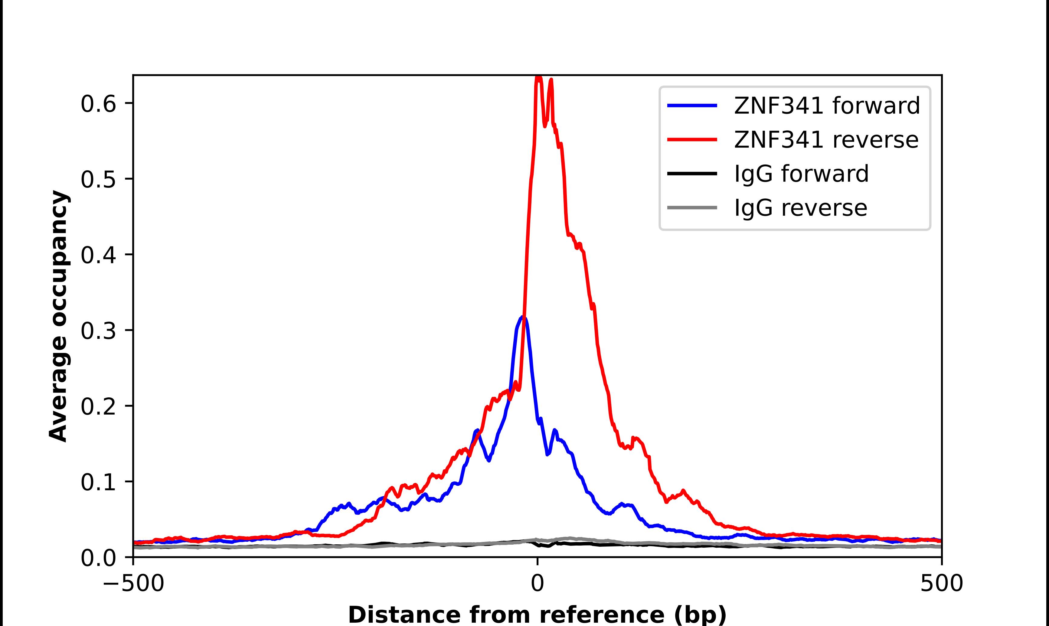 ChIP-Exo-Seq composite graph for Anti-ZNF341 tested in K562 cells. Strand-specific reads (blue: forward, red: reverse) and IgG controls (black: forward, grey: reverse) are plotted against the distance from a composite set of reference binding sites. The antibody exhibits robust target enrichment compared to a non-specific IgG control and precisely reveals its structural organization around the binding site. Data generated by Prof. B. F. Pugh's Lab at Cornell University.