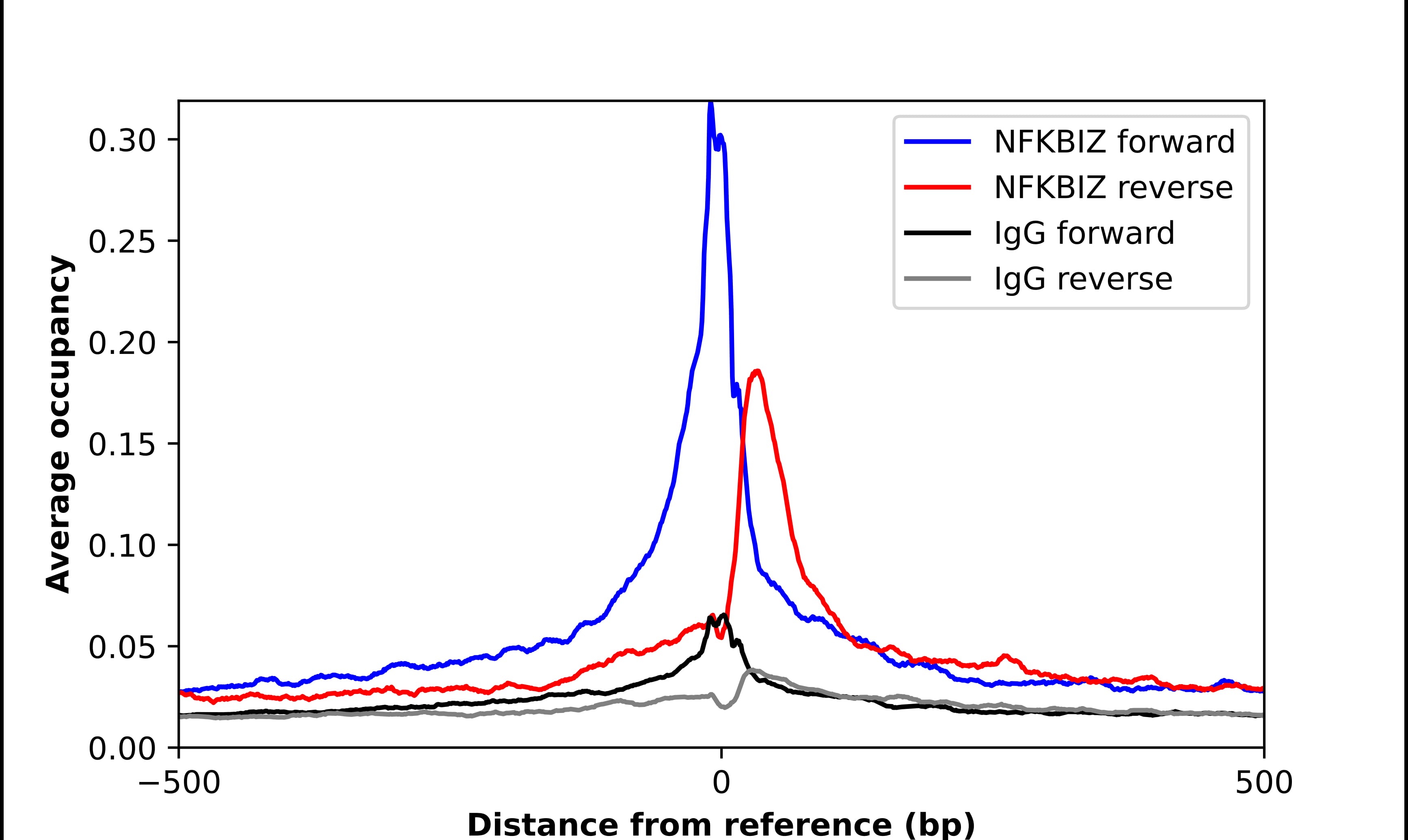 ChIP-Exo-Seq composite graph for Anti-IKB zeta tested in K562 cells. Strand-specific reads (blue: forward, red: reverse) and IgG controls (black: forward, grey: reverse) are plotted against the distance from a composite set of reference binding sites. The antibody exhibits robust target enrichment compared to a non-specific IgG control and precisely reveals its structural organization around the binding site. Data generated by Prof. B. F. Pugh's Lab at Cornell University.