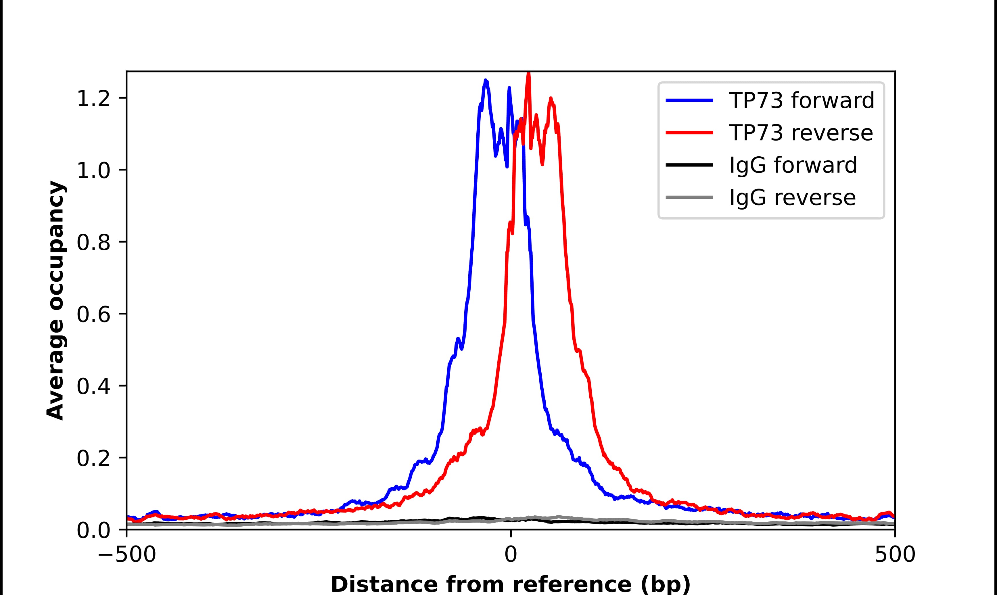 ChIP-Exo-Seq composite graph for Anti-TP73 (NBP2-58523) tested in K562 cells. Strand-specific reads (blue: forward, red: reverse) and IgG controls (black: forward, grey: reverse) are plotted against the distance from a composite set of reference binding sites. The antibody exhibits robust target enrichment compared to a non-specific IgG control and precisely reveals its structural organization around the binding site. Data generated by Prof. B. F. Pugh´s Lab at Cornell University.